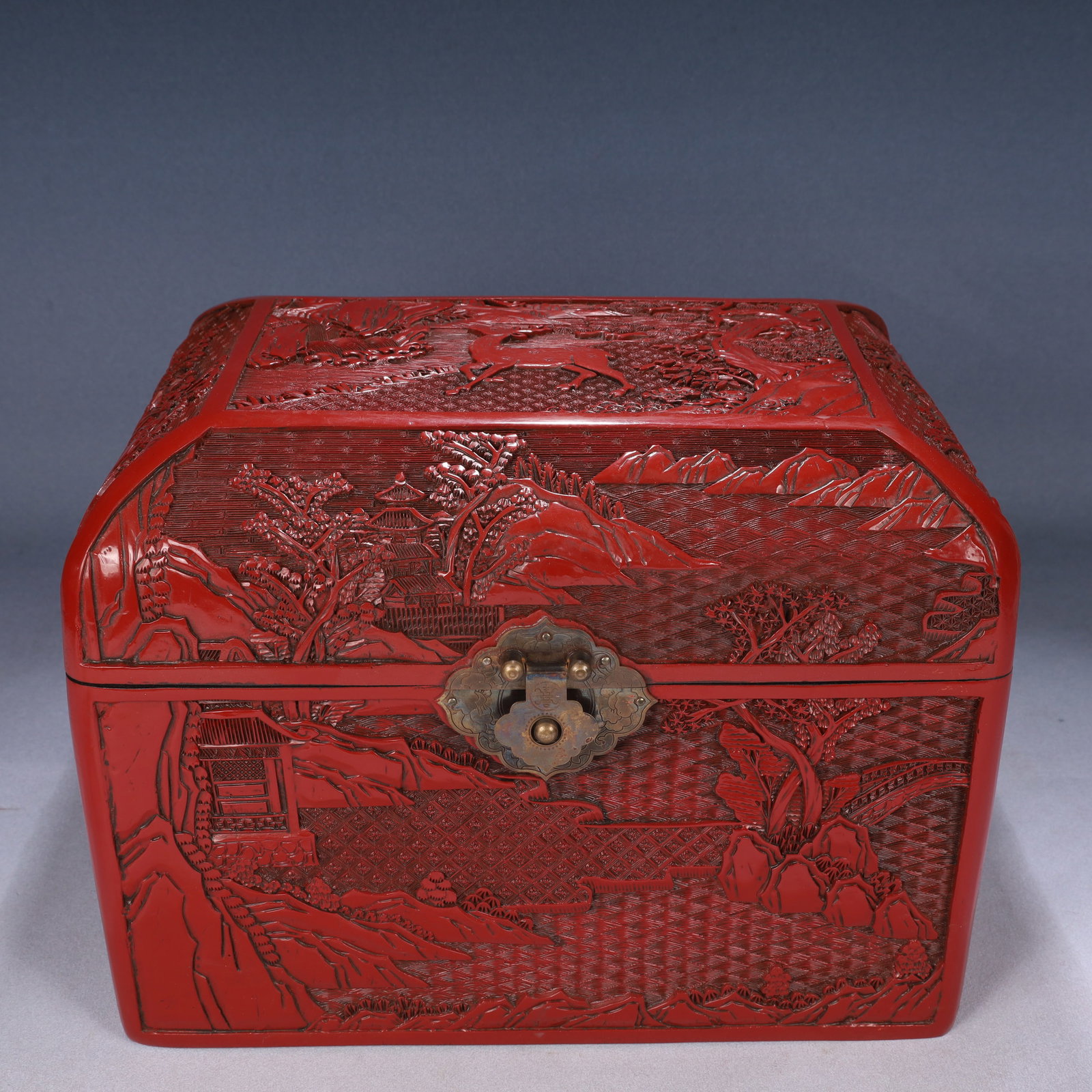 A Rare Carved Red Lacquer Landscape and Deer Pattern Box,With Poem: A Rare Carved Red Lacquer Landscape and Deer Pattern Box,With Poem,Qing Dynasty, China,Qianlong Six-character Mark,Size:12.6inx9.4inx10.6in,Weight:4250g 剔红漆山水鹿