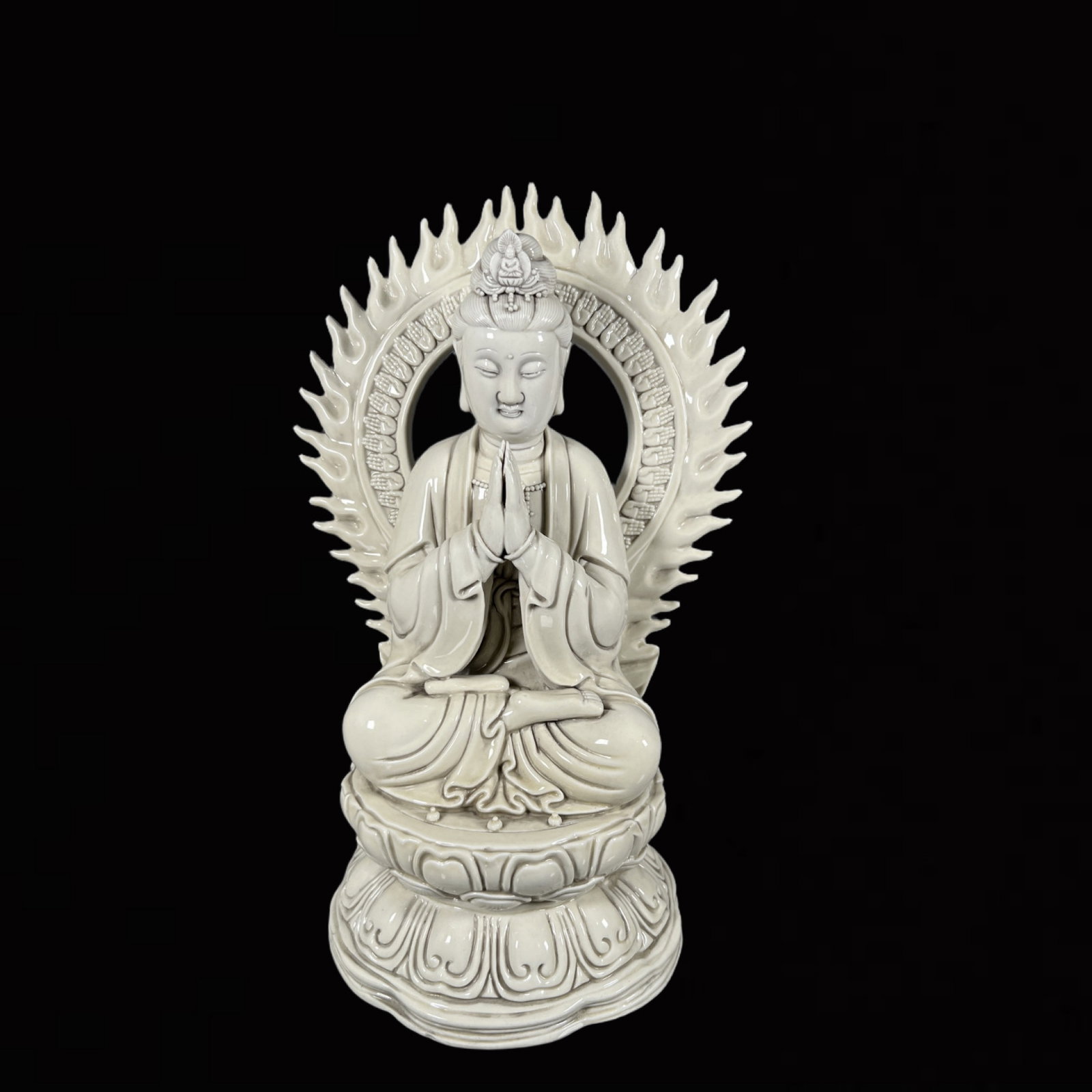 A Solemn Blance-De-Chine Statue of Avalokitesvara: A Solemn Blance-De-Chine Statue of Avalokitesvara,Ming Dynasty,China,He Chaozong Mark,Size:15.4in 德化瓷观音像,中国明代,何朝