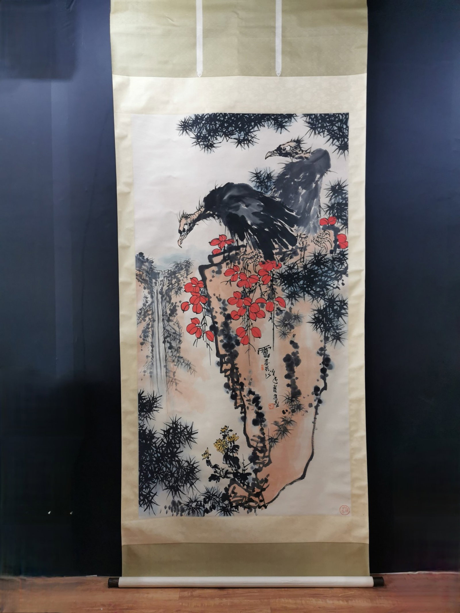 A Chinese Vertical Scroll Ink Painting of Pine and Eagle on Paper (1 of 9)