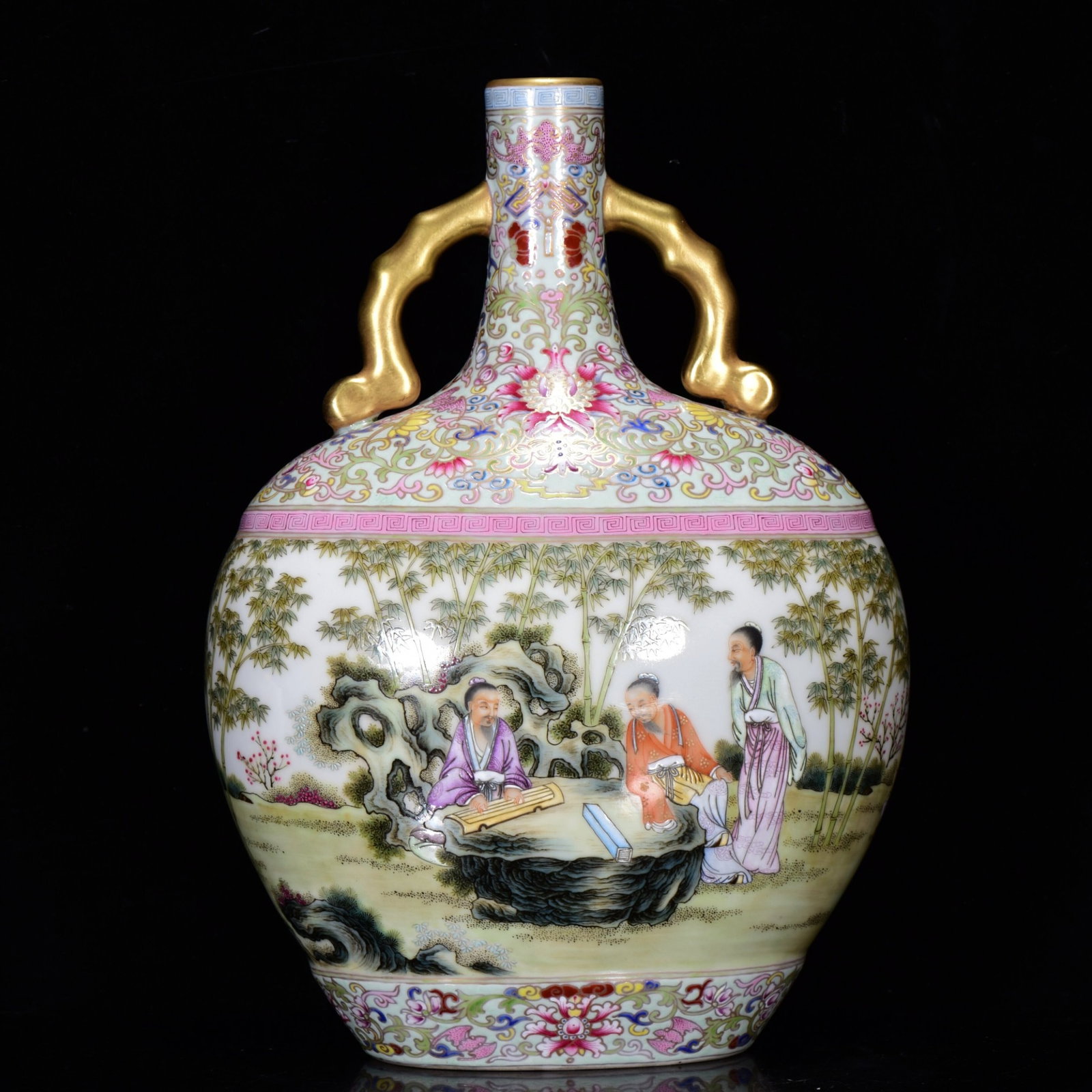 An Exquisite Famille-Rose Gilt Character and Story Pattern Double-Ears Vase: An Exquisite Famille-Rose Gilt Character and Story Pattern Double-Ears Vase,Qing Dynasty,China,Qianlong Six-character Mark,Size:13inx9.1in