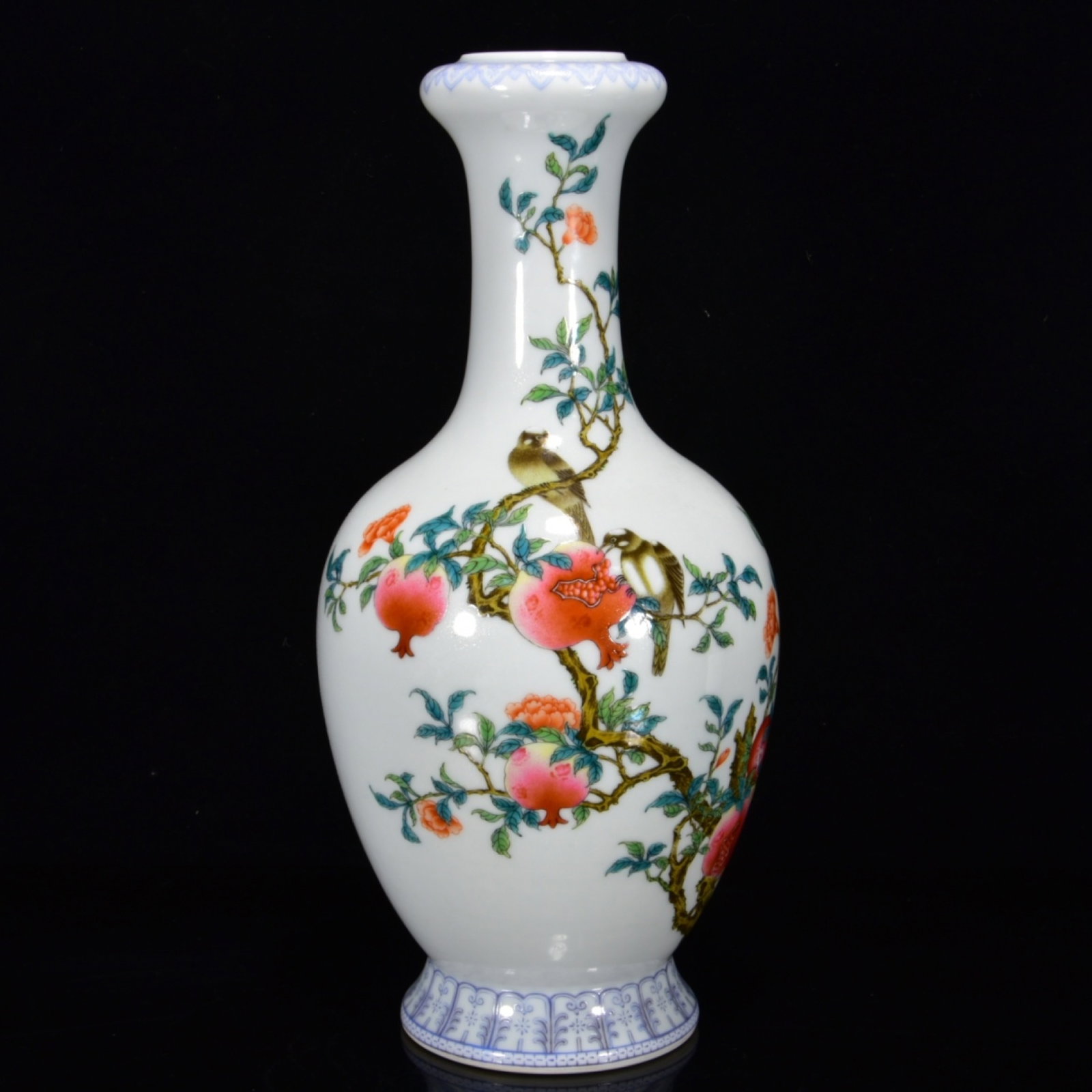 An Exquisite Famille-Rose Flower and Fruit Pattern Vase,with poem: An Exquisite Famille-Rose Flower and Fruit Pattern Vase,with poem,Qing Dynasty,China,Qianlong Six-character Mark,Size:13inx5.9in 粉彩花果纹瓶,带诗ਧ