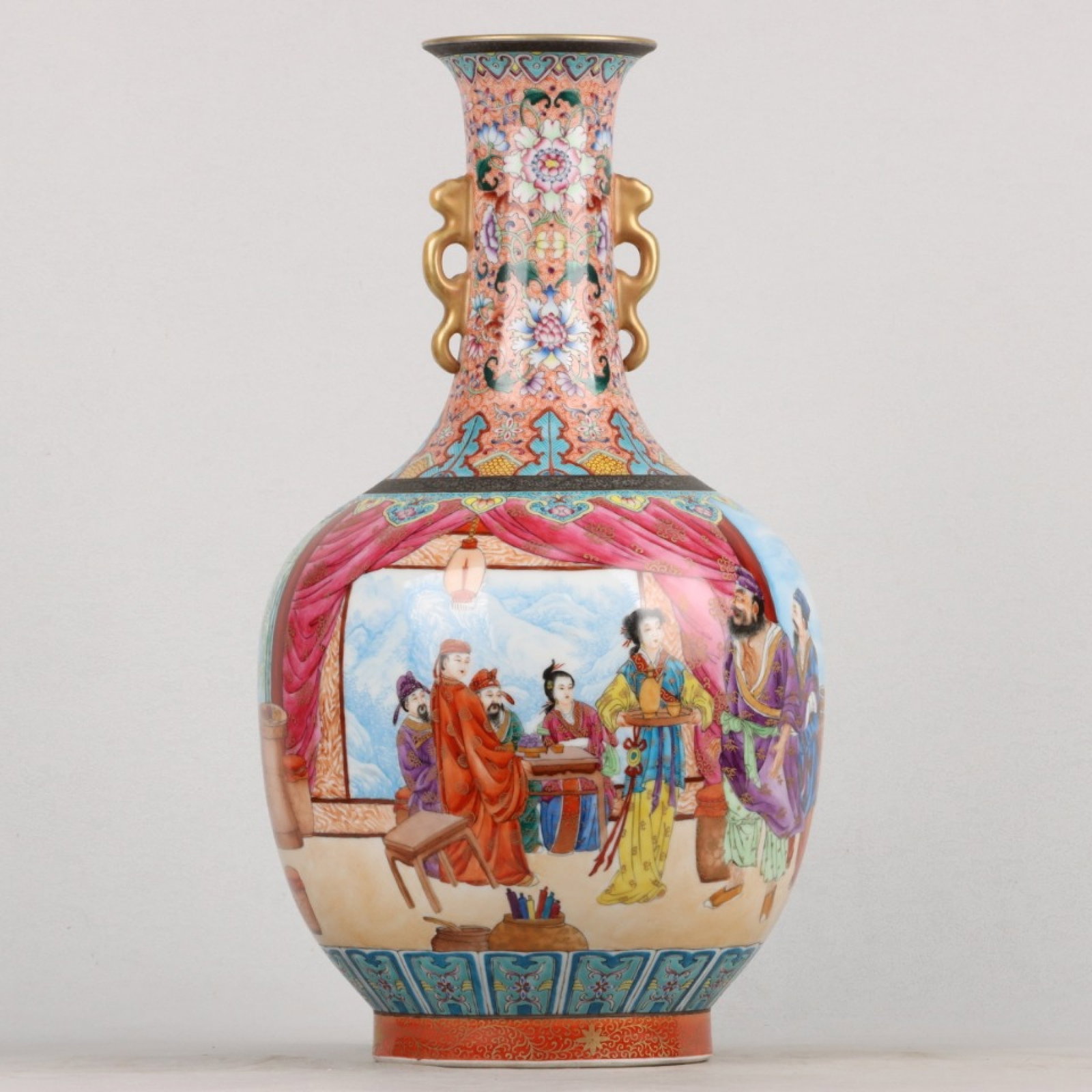 A Huge Enamel Gilt Figure and Story Pattern Double-Ears Vase ,with Poem: A Huge Enamel Gilt Figure and Story Pattern Double-Ears Vase ,with Poem ,Qing Dynasty, China,Qianlong Six-character Mark,Size:16.5inx9.4in 珐琅彩鎏金人物ă