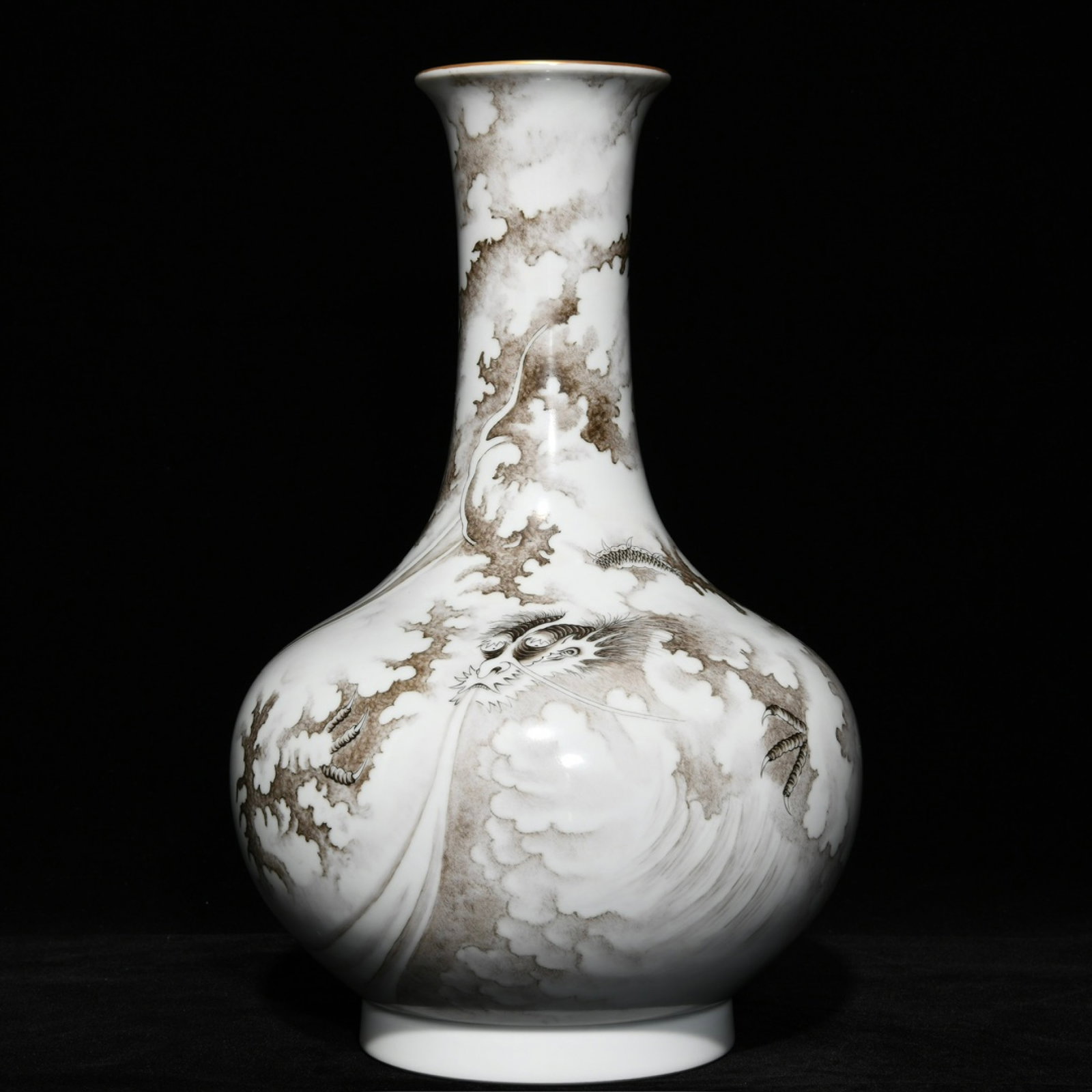 A Rare Ink Color Seawater and Dragon Pattern Vase,with Poem: A Rare Ink Color Seawater and Dragon Pattern Vase,with Poem,Qing Dynasty,China,Qianlong Six-Character Mark,Size:13.3inx8.7in 墨彩海水龙纹瓶,带诗&#