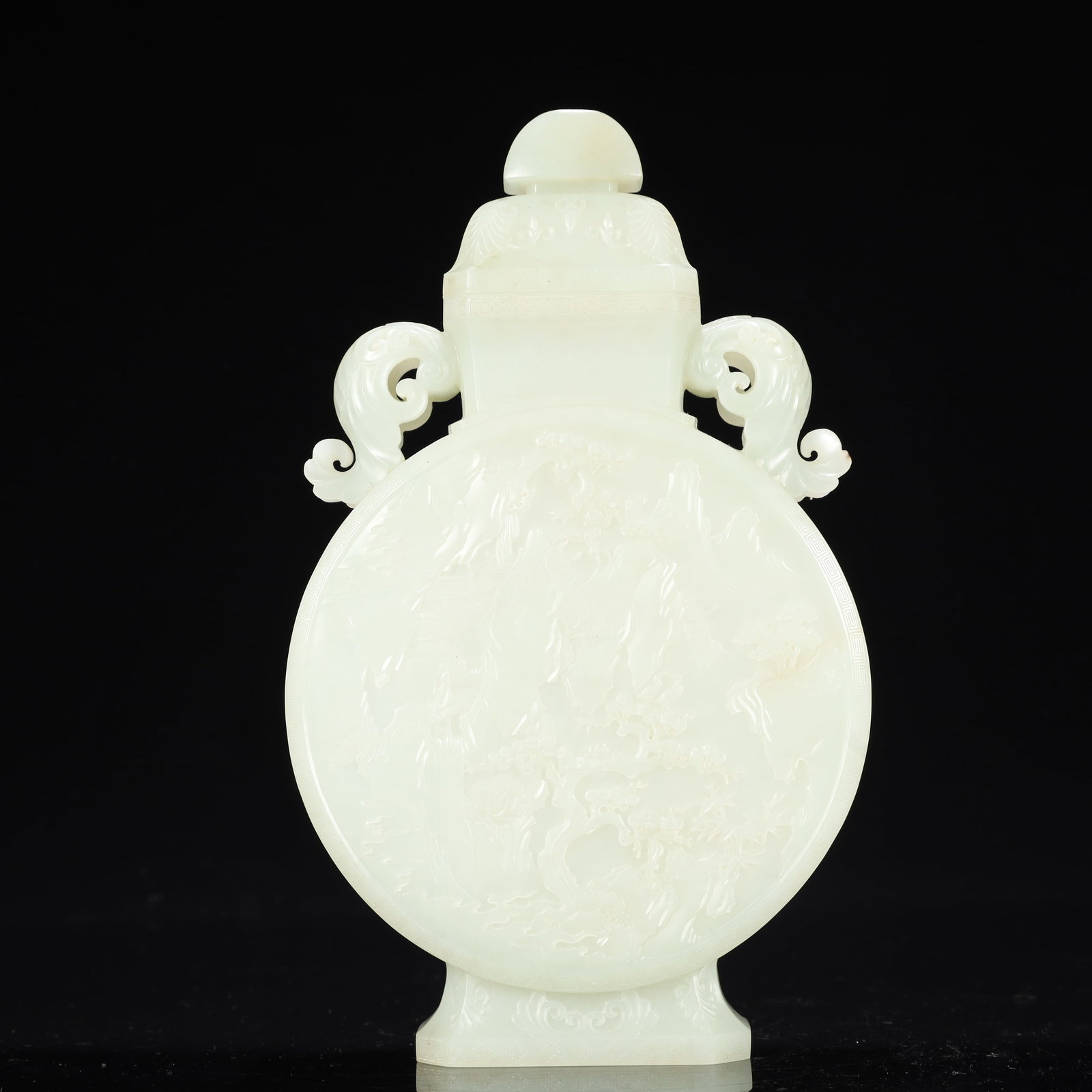 An Exquisite White Jade Landscape and Figure Pattern Double-Ears Bottle: An Exquisite White Jade Landscape and Figure Pattern Double-Ears Bottle,Qing Dynasty, China,Size:5.3inx1.6inx8.7in,Weight:650g 白玉山水人物纹双耳&