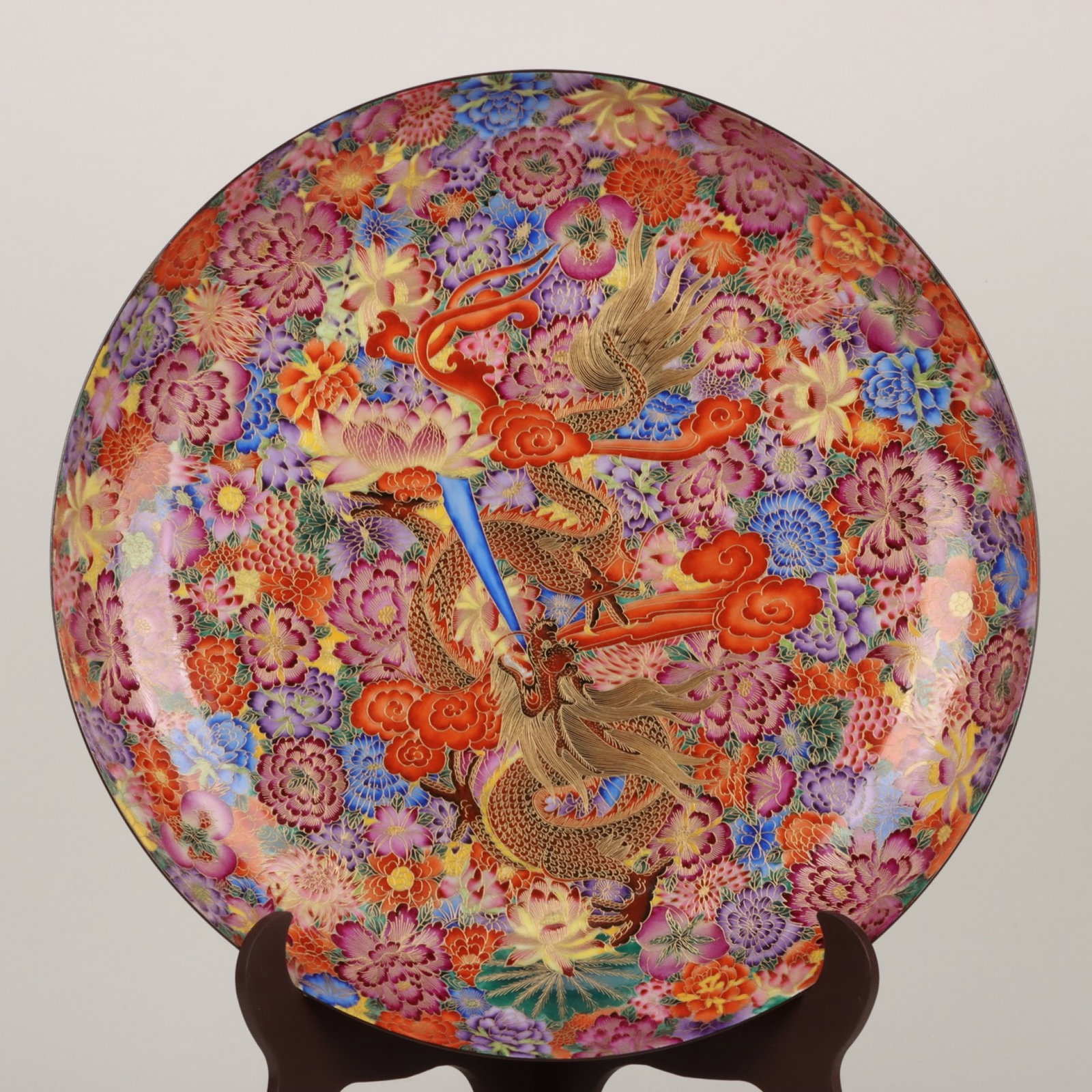 An Exquisite Enamel Peony and Dragon Pattern Plate: An Exquisite Enamel Peony and Dragon Pattern Plate,Qing Dynasty, China,Qianlong Six-character Mark,Size:3.1inx19.4in