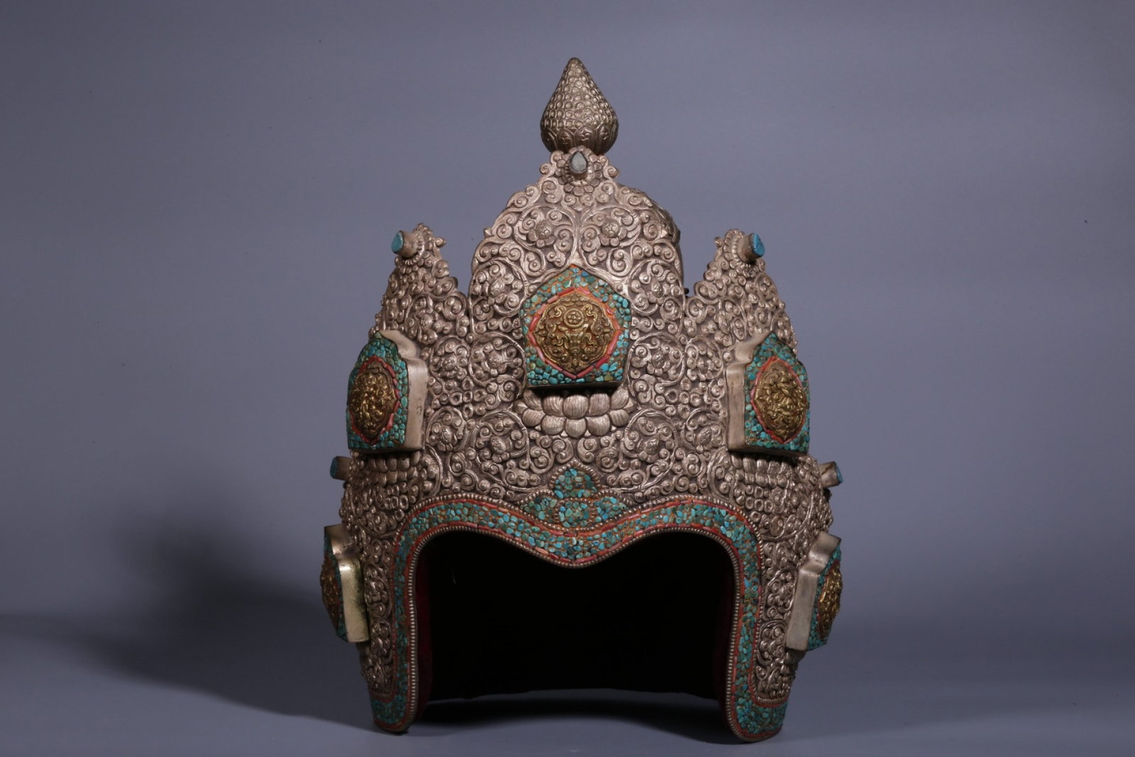 A Rare Silver Bronze Inlaid Turquoise Ceremonial Crown: A Rare Silver Bronze Inlaid Turquoise Ceremonial Crown,Qing Dynasty, China,Size:12.6inx9.4inx9.4in,Weight:1850g 铜鎏银嵌绿松石佛冠法帽