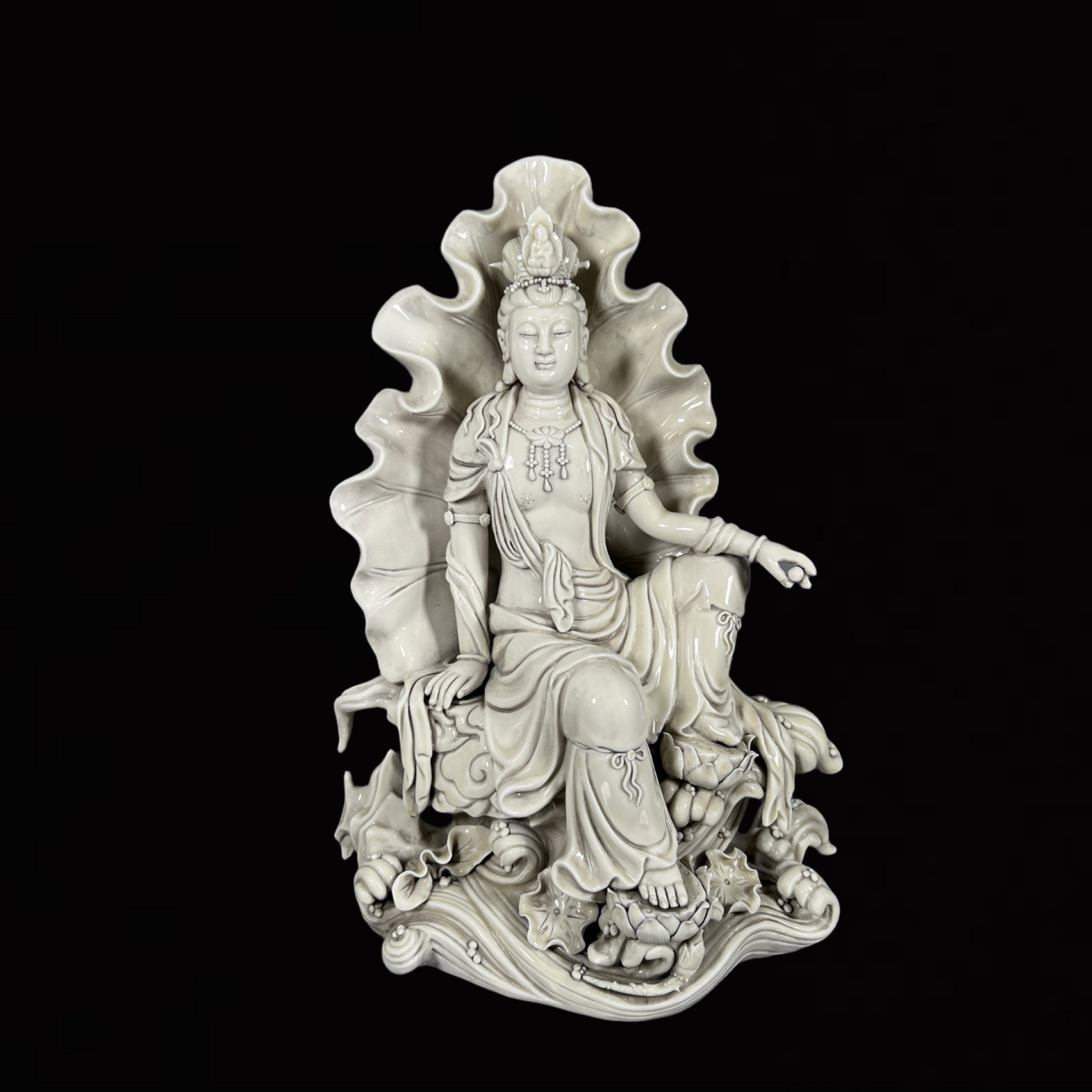 A Solemn Blance-De-Chine Statue of Avalokitesvara: A Solemn Blance-De-Chine Statue of Avalokitesvara,Ming Dynasty,China,He Chaozong Mark,Size:17.3in 德化瓷观音像,中国明代,何朝