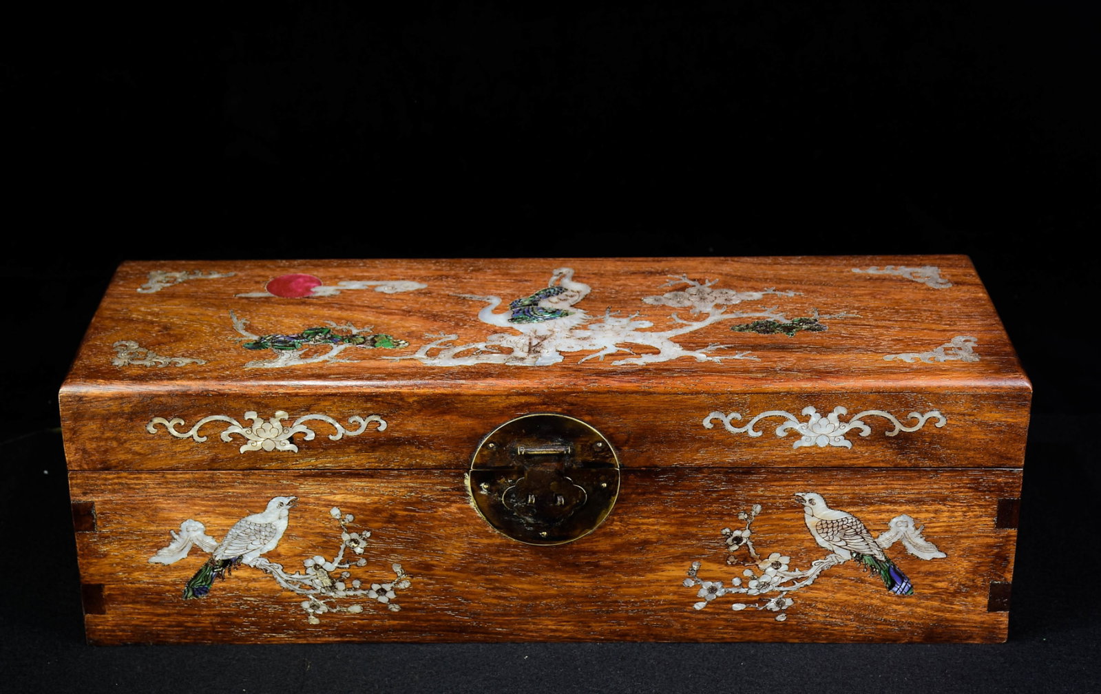 A Rare Huanghuali wood Inlaid Shell Pine and Crane Pattern Box: A Rare Huanghuali wood Inlaid Shell Pine and Crane Pattern Box,Qing Dynasty,China,Size:6.7inx19.7inx6.3in
