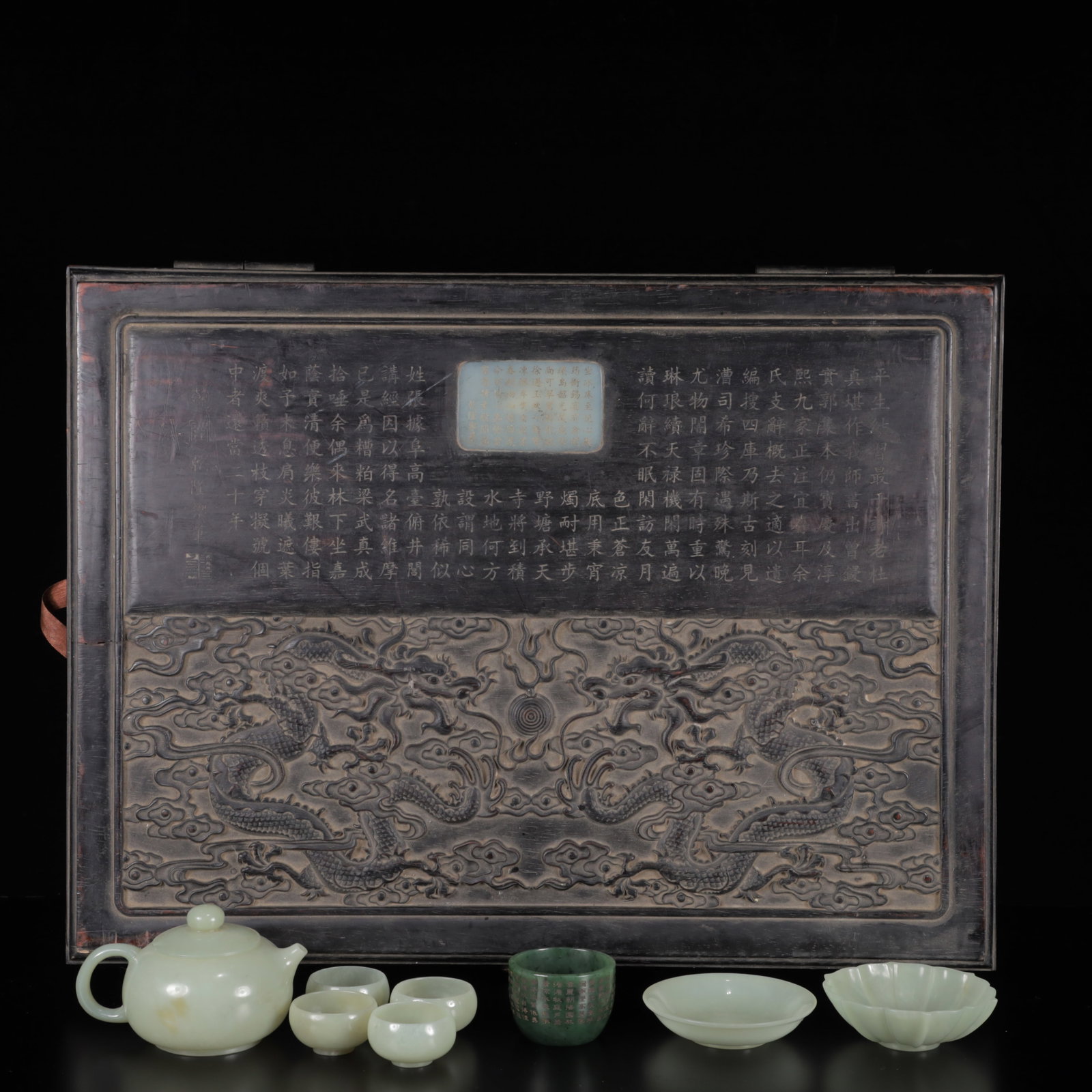A Set of Exquisite White Jade Ornaments: A Set of Exquisite White Jade Ornaments,Qing Dynasty, China,Qianlong Four-character Mark,Size:(Teapot)4.7inx3.5inx2.8in,(Plate)3.7inx1.2in,Weight:450g