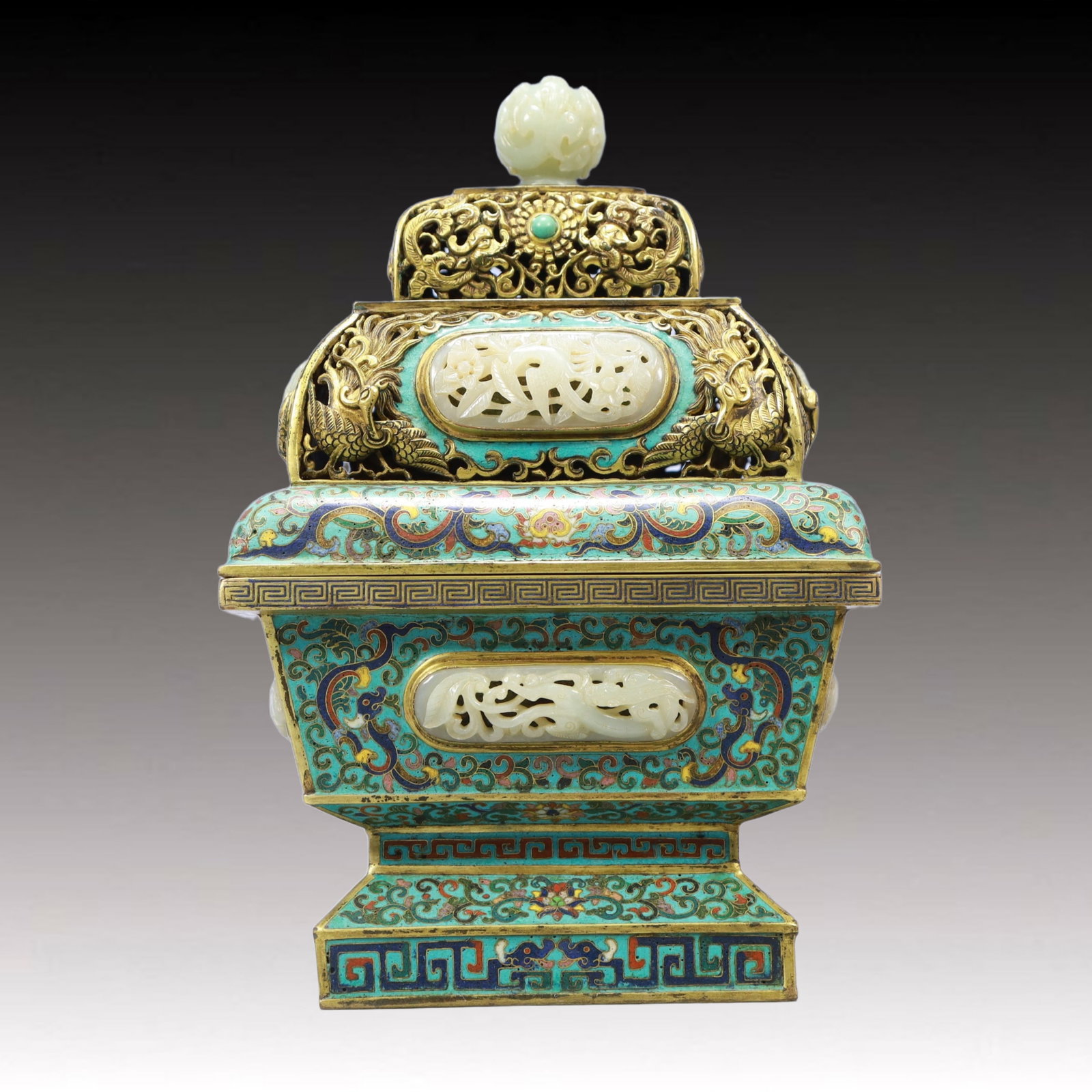 A Rare Cloisonne Inlaid White Jade Dragon and Phoenix Pattern Censer: A Rare Cloisonne Inlaid White Jade Dragon and Phoenix Pattern Censer,Qing Dynasty, China,Qianlong Four-character Mark,Size:7.5inx11.8in,Weight:3550g 景泰蓝嵌白玉