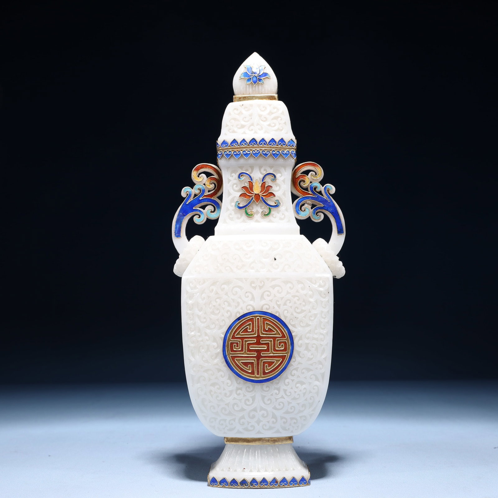 An Exquisite White Jade Lotus Pattern Double-Ears Bottle - 10