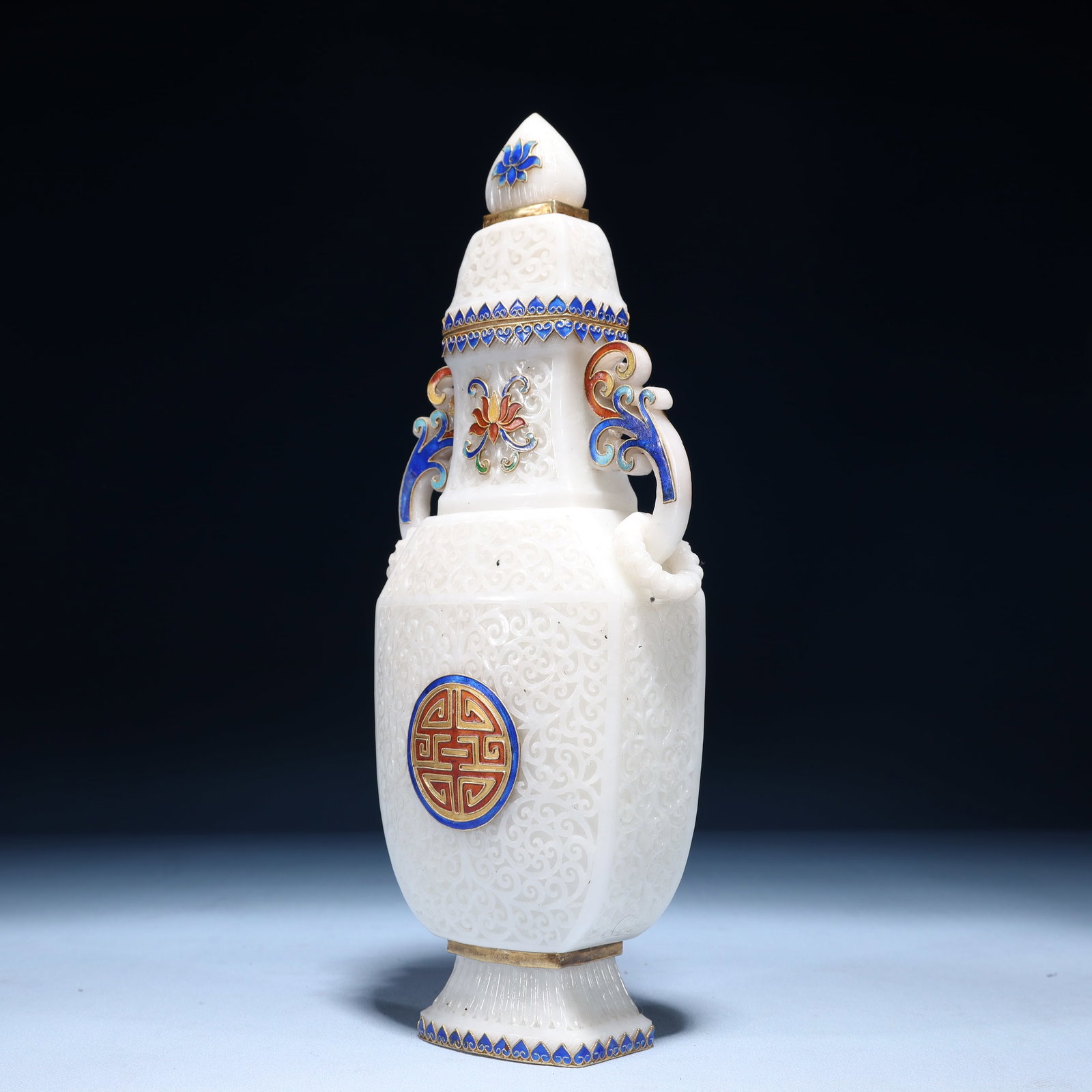 An Exquisite White Jade Lotus Pattern Double-Ears Bottle - 11