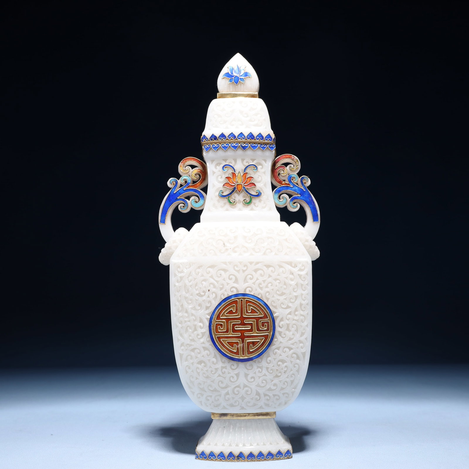 An Exquisite White Jade Lotus Pattern Double-Ears Bottle - 2