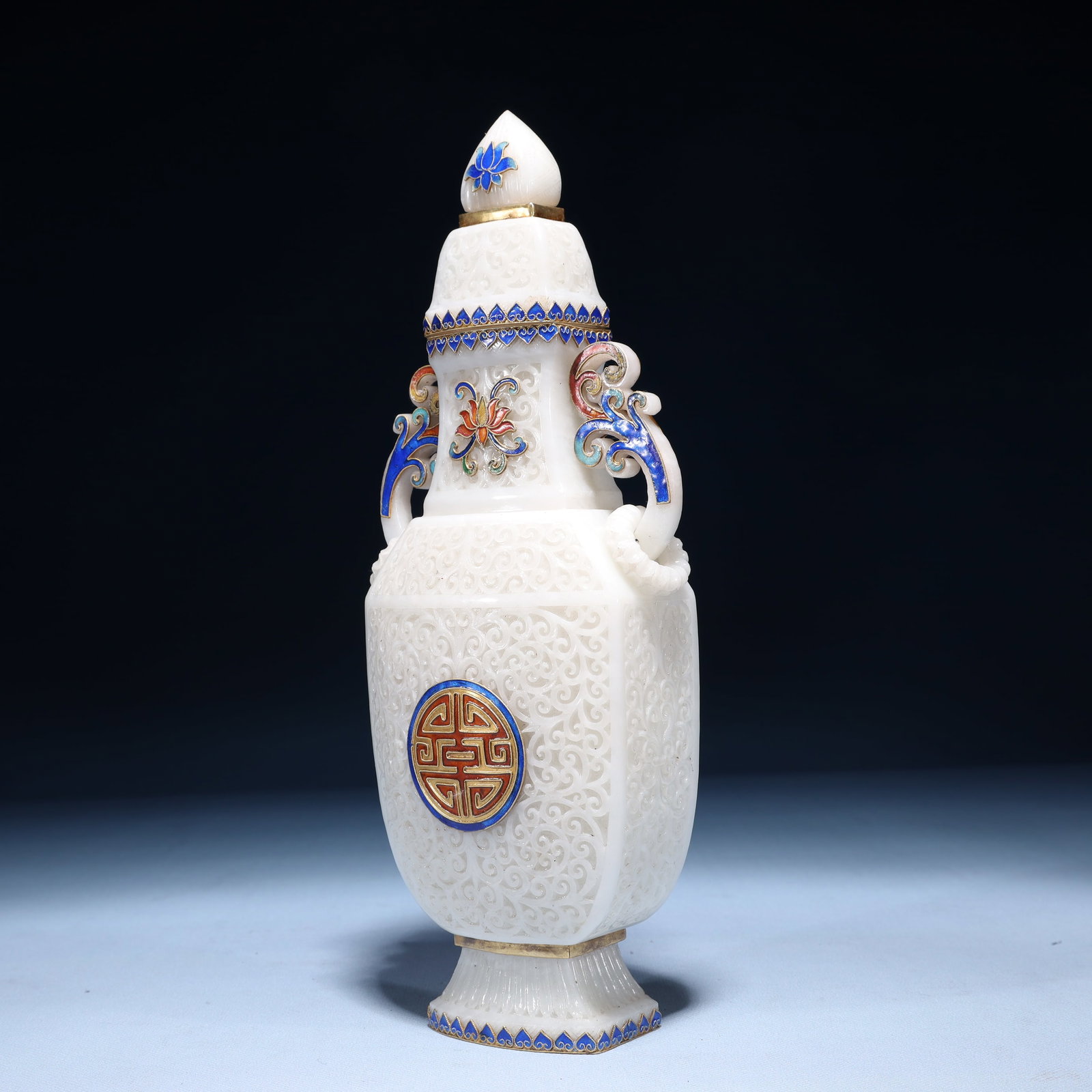 An Exquisite White Jade Lotus Pattern Double-Ears Bottle - 5