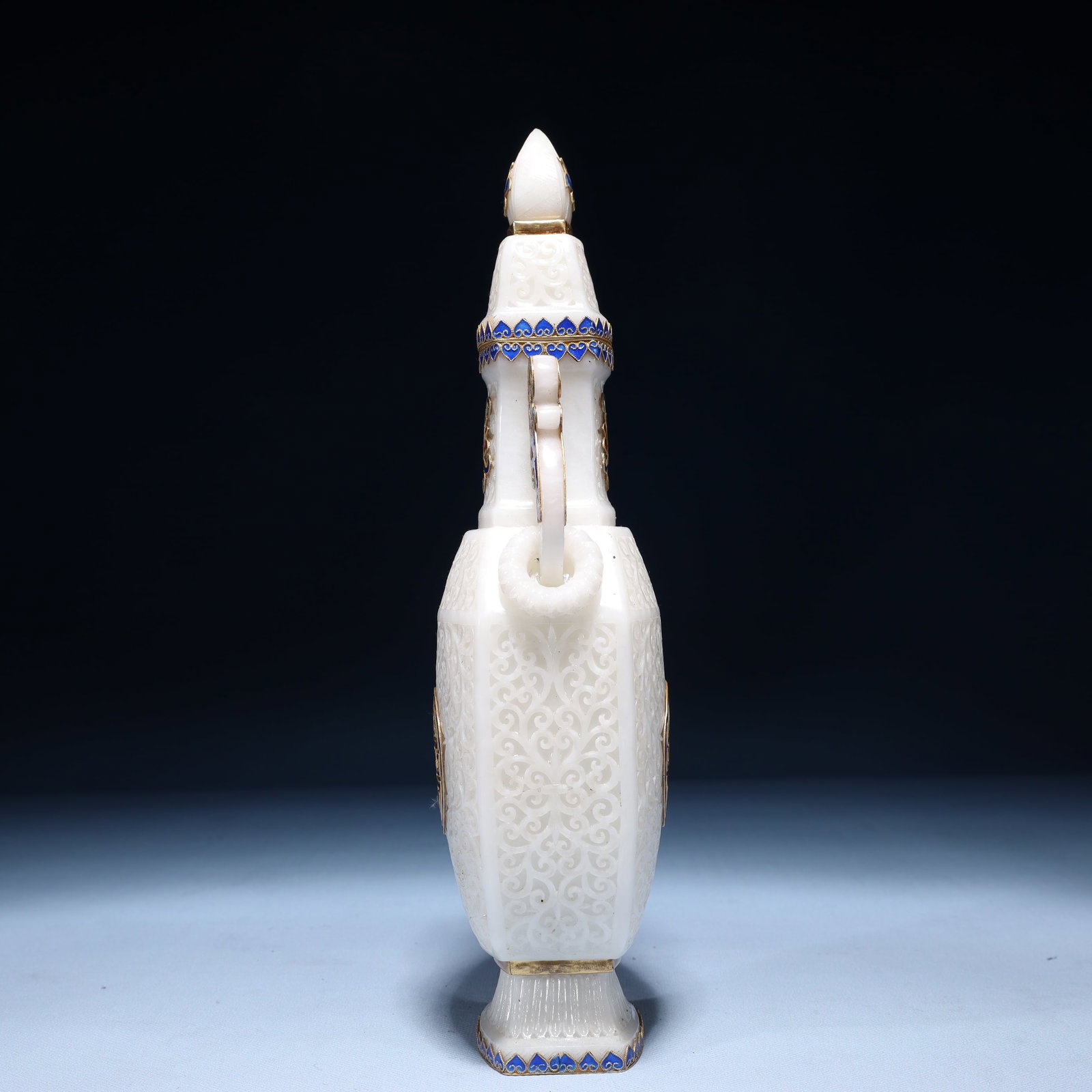 An Exquisite White Jade Lotus Pattern Double-Ears Bottle - 8