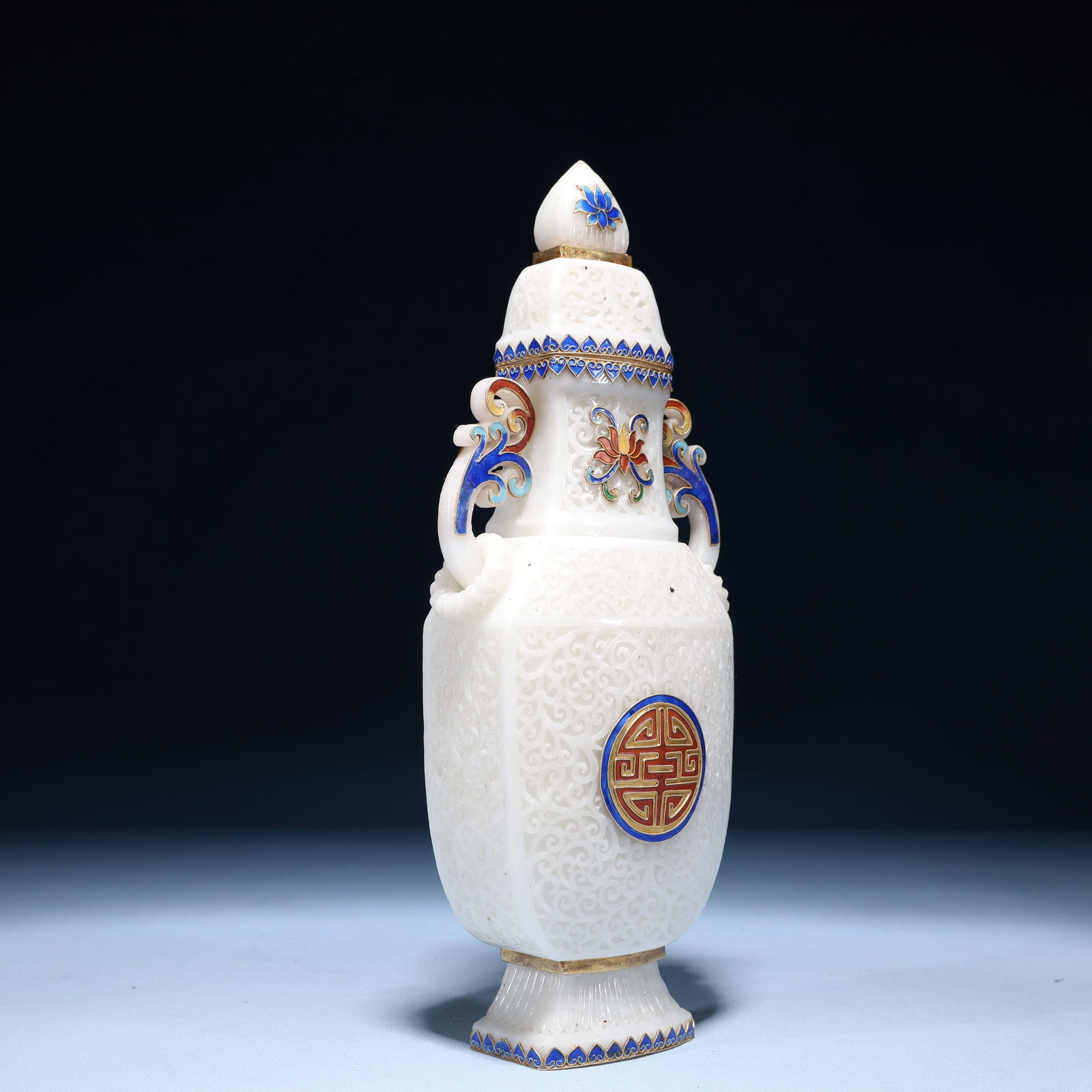 An Exquisite White Jade Lotus Pattern Double-Ears Bottle - 9