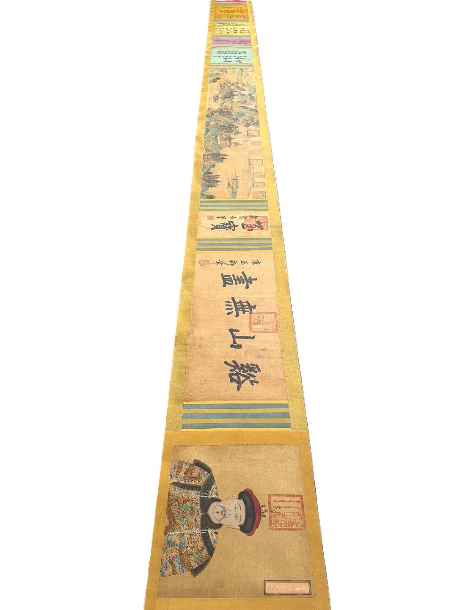 A Chinese Hand Scroll Ink Painting of Landscape on Silk: A Chinese Hand Scroll Ink Painting of Landscape on Silk,Tao Yuanming,Size:(overall length)17.2inx295.3in,(Without frame)13.3inx72.2in 一幅中国水墨绢本&#
