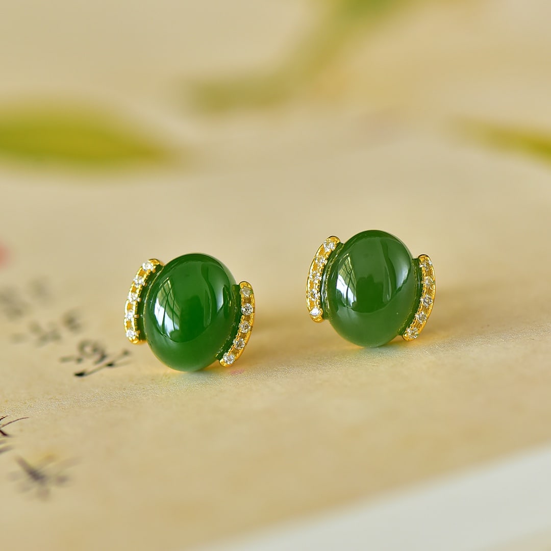 A Pair of Exquisite Sterling Silver-Gold Plated Inlaid Jasper Earrings,Inlaid Diamond: A Pair of Exquisite Sterling Silver-Gold Plated Inlaid Jasper Earrings,Inlaid Diamond,Size:8mmx10mm 一对纯银镀金镶碧玉耳环,嵌