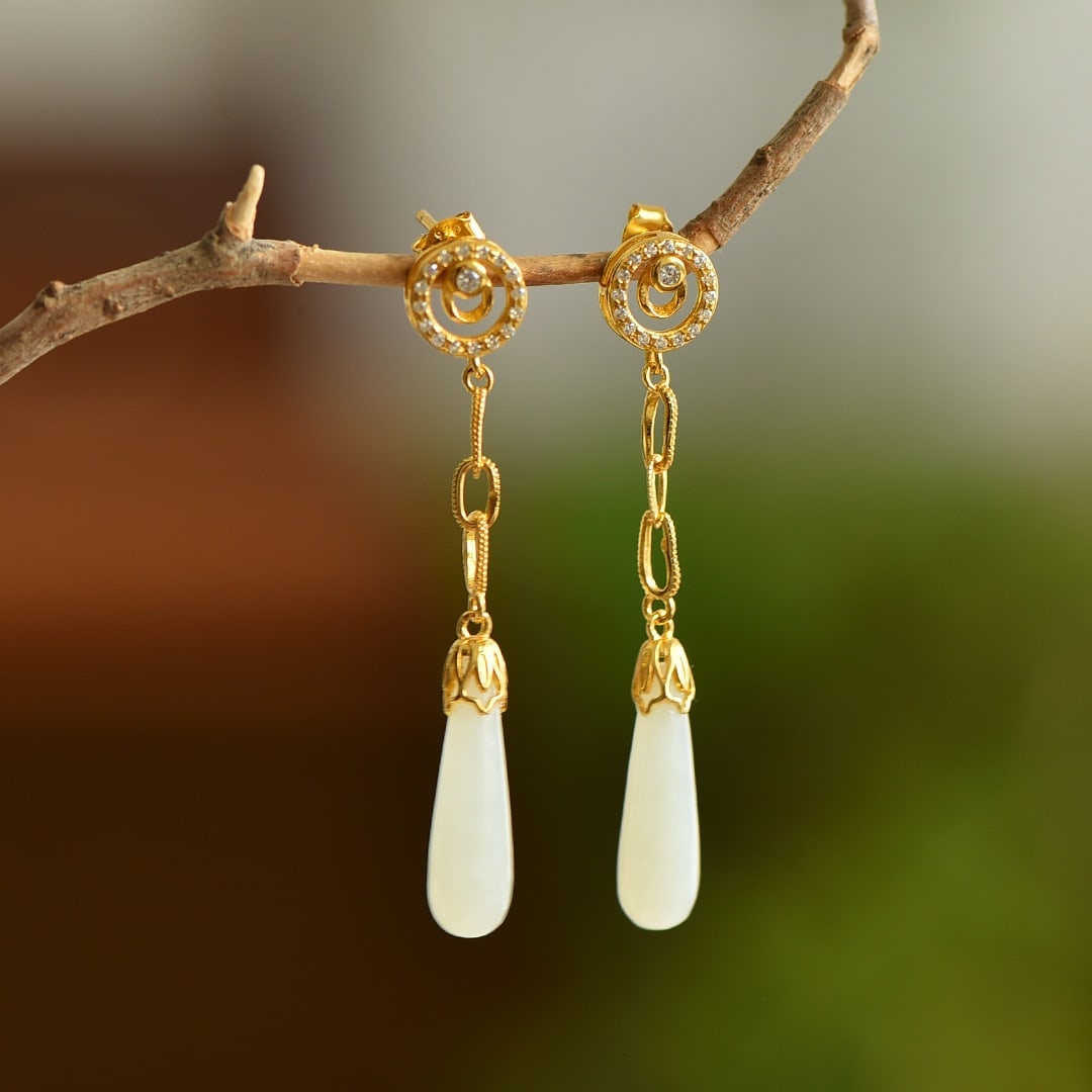A Pair of Exquisite Sterling Silver-Gold Plated Inlaid White Jade Earrings: A Pair of Exquisite Sterling Silver-Gold Plated Inlaid White Jade Earrings, 一对纯银镀金镶白玉耳环