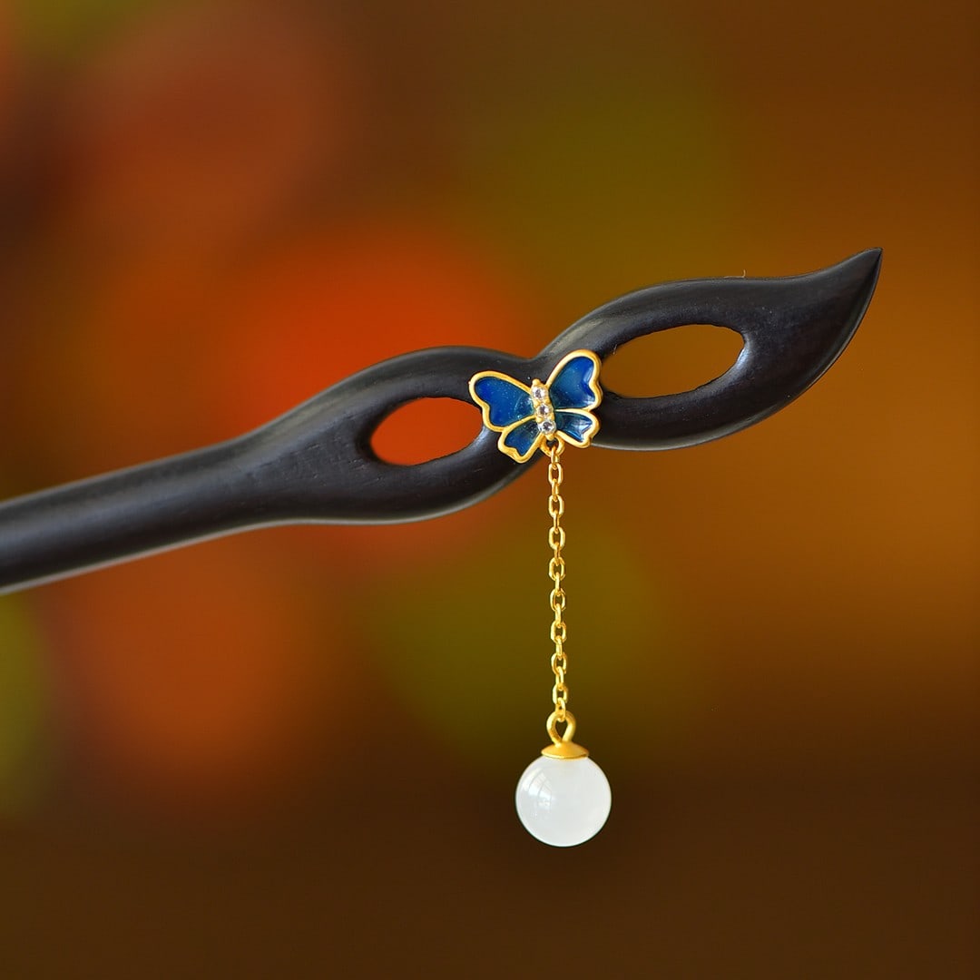 An Exquisite Sterling Silver-Gold Plated Inlaid White Jade Enamel Ebony Hairpin: An Exquisite Sterling Silver-Gold Plated Inlaid White Jade Enamel Ebony Hairpin 纯银镀金镶白玉珐琅黑檀木发簪