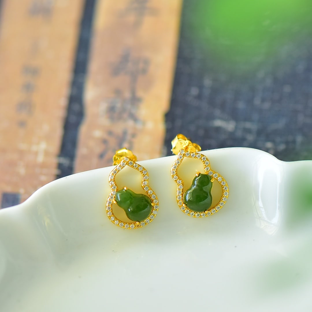 A Pair of Exquisite Sterling Silver-Gold Plated Inlaid Jasper Earrings,Inlaid Diamond: A Pair of Exquisite Sterling Silver-Gold Plated Inlaid Jasper Earrings,Inlaid Diamond,Size:9mmx13mm