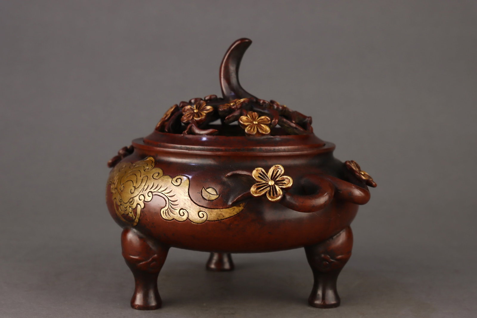 An Exquisite Gilt Bronze Plum Blossom and Bats Pattern Double-Ears Tripod Censer - 2