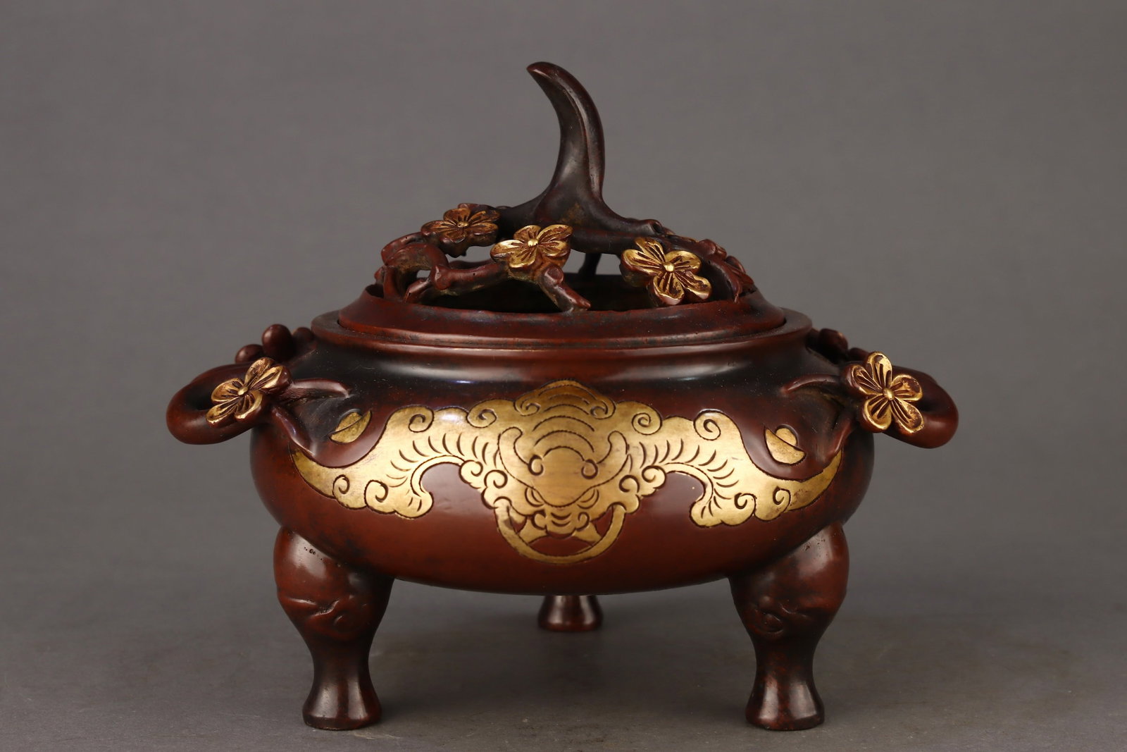 An Exquisite Gilt Bronze Plum Blossom and Bats Pattern Double-Ears Tripod Censer - 3