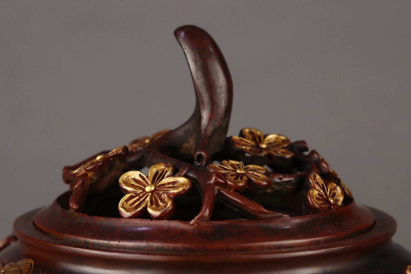 An Exquisite Gilt Bronze Plum Blossom and Bats Pattern Double-Ears Tripod Censer - 4