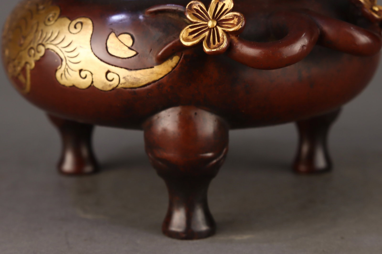 An Exquisite Gilt Bronze Plum Blossom and Bats Pattern Double-Ears Tripod Censer - 5