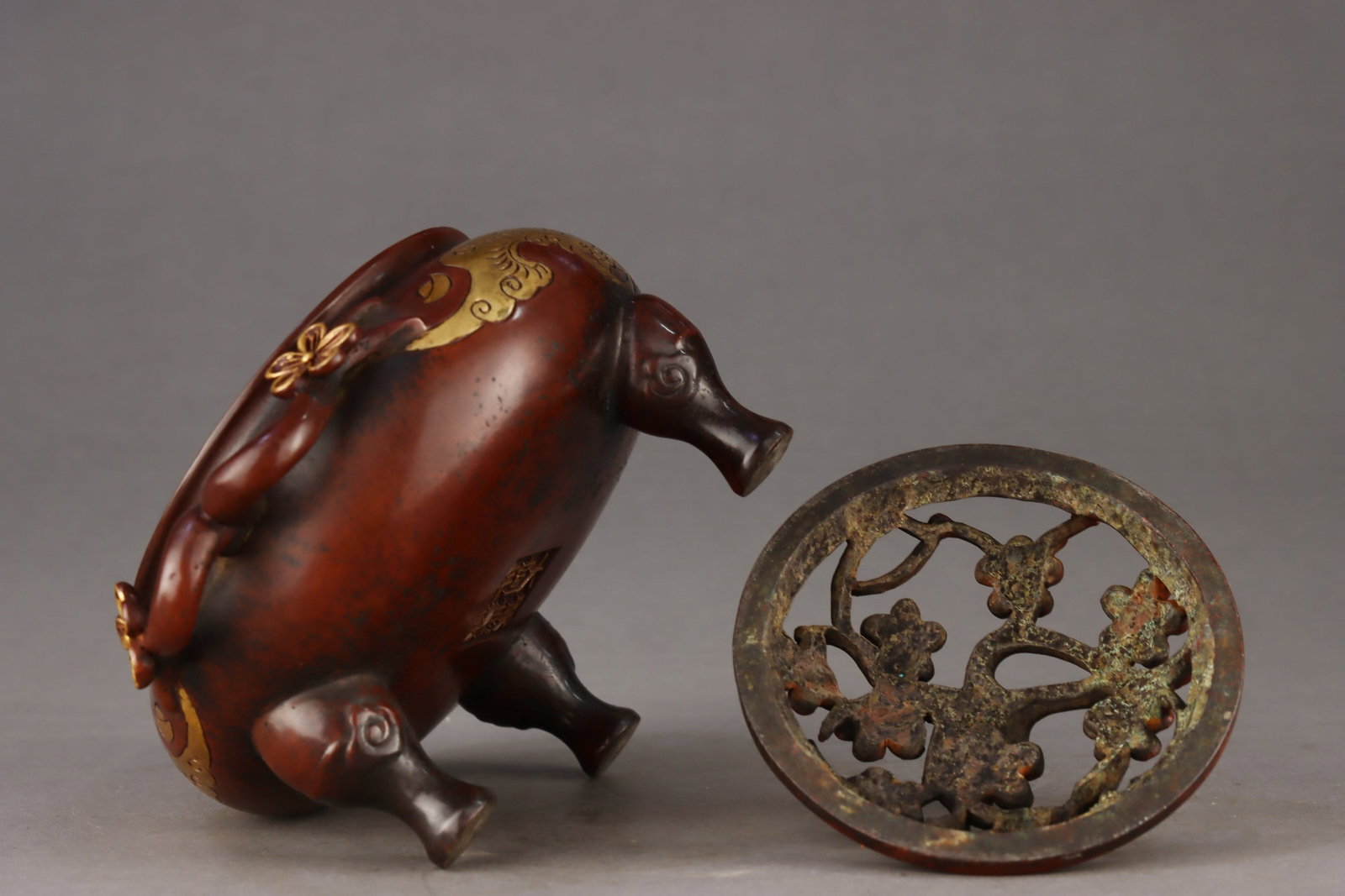 An Exquisite Gilt Bronze Plum Blossom and Bats Pattern Double-Ears Tripod Censer - 6