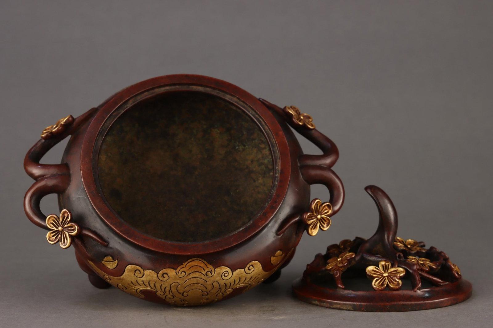 An Exquisite Gilt Bronze Plum Blossom and Bats Pattern Double-Ears Tripod Censer - 8