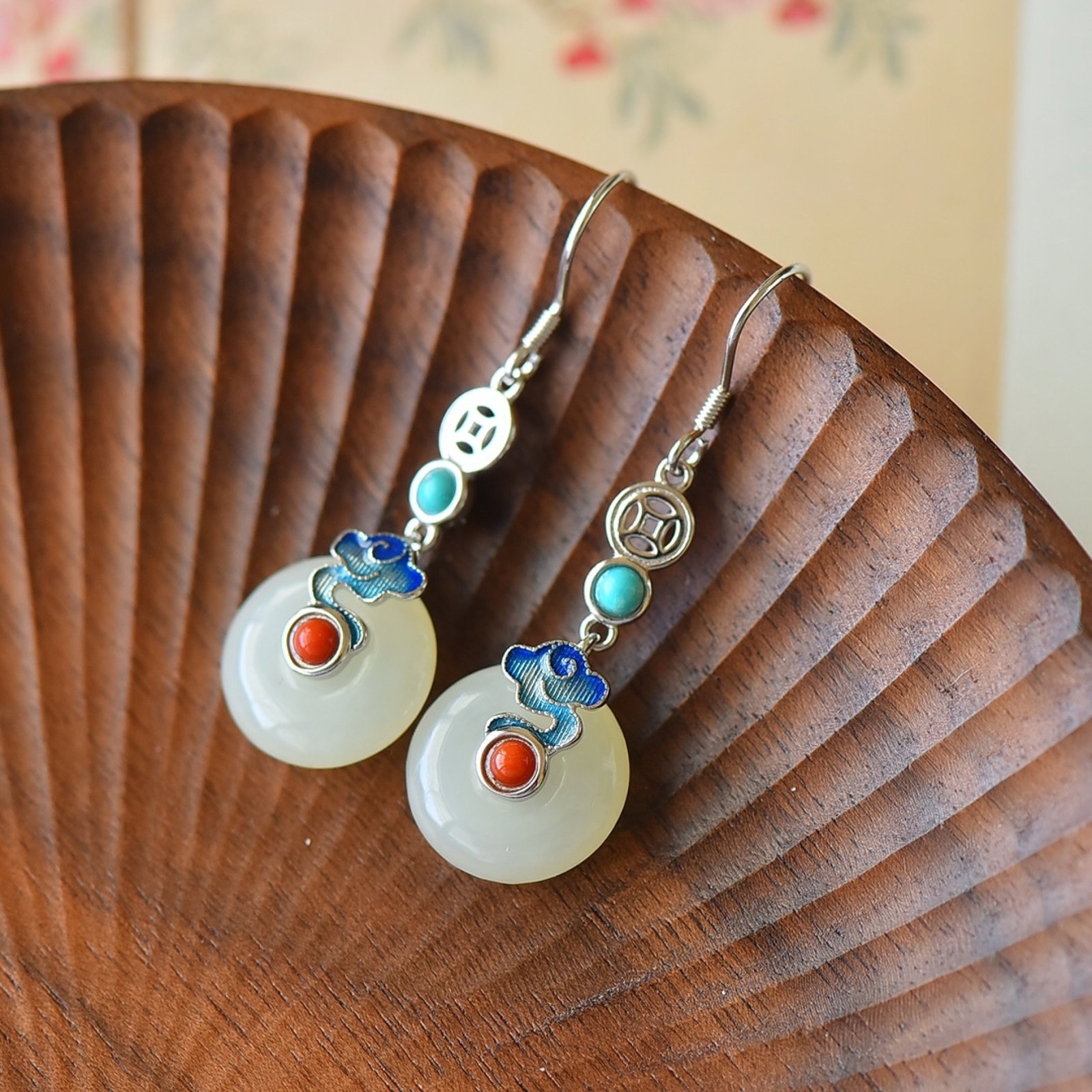 A Pair of Exquisite Sterling Silver Inlaid White Jade Earrings,Inlaid Turquoises - 2