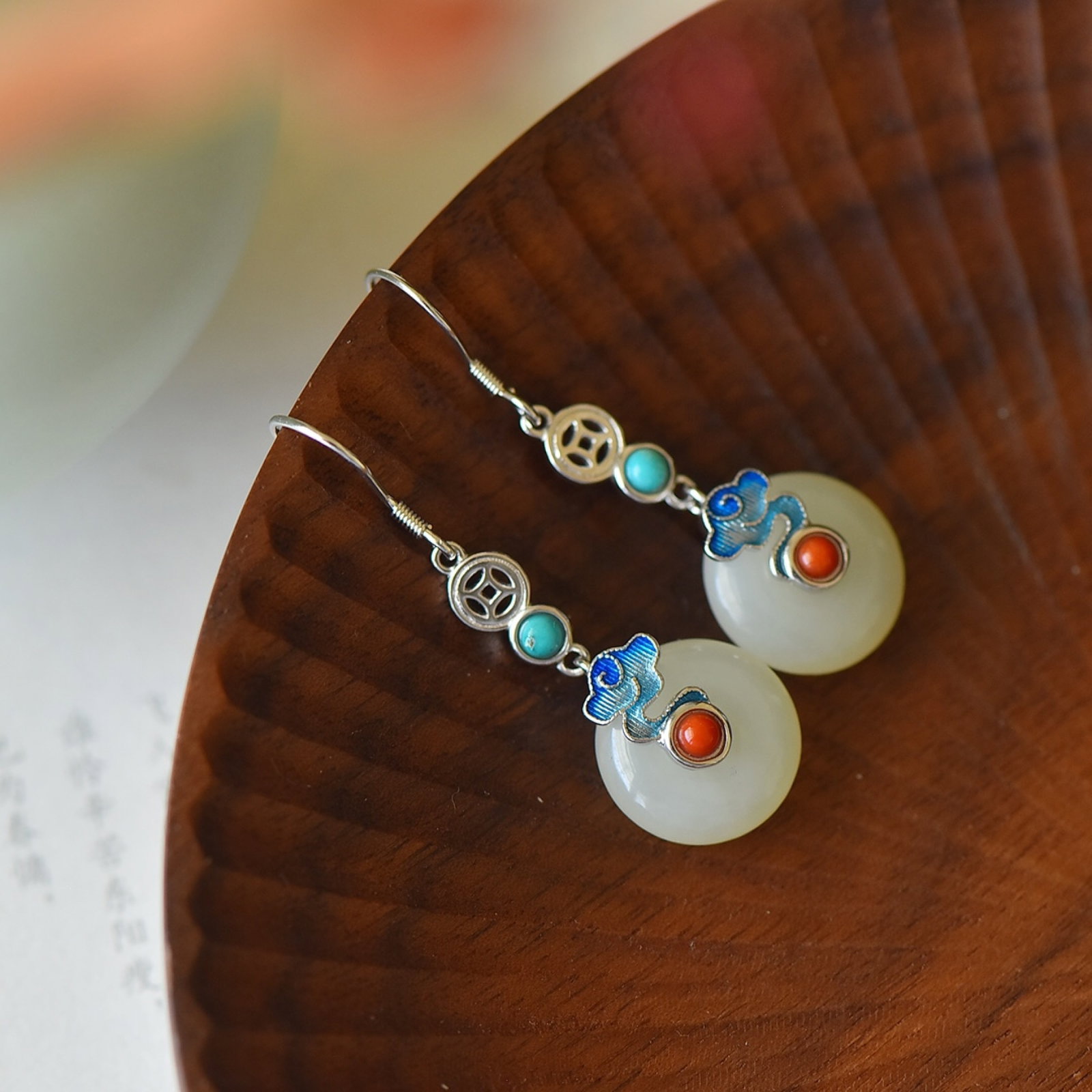 A Pair of Exquisite Sterling Silver Inlaid White Jade Earrings,Inlaid Turquoises - 3