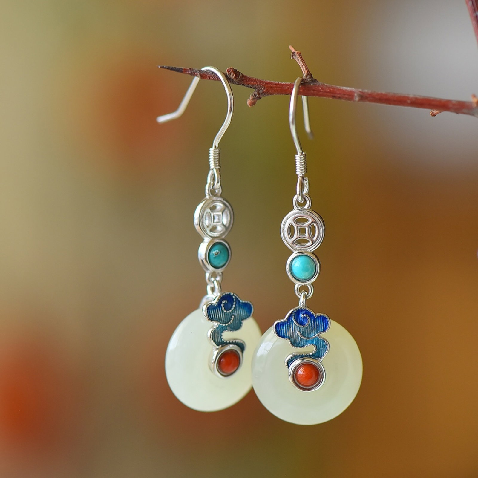 A Pair of Exquisite Sterling Silver Inlaid White Jade Earrings,Inlaid Turquoises - 4