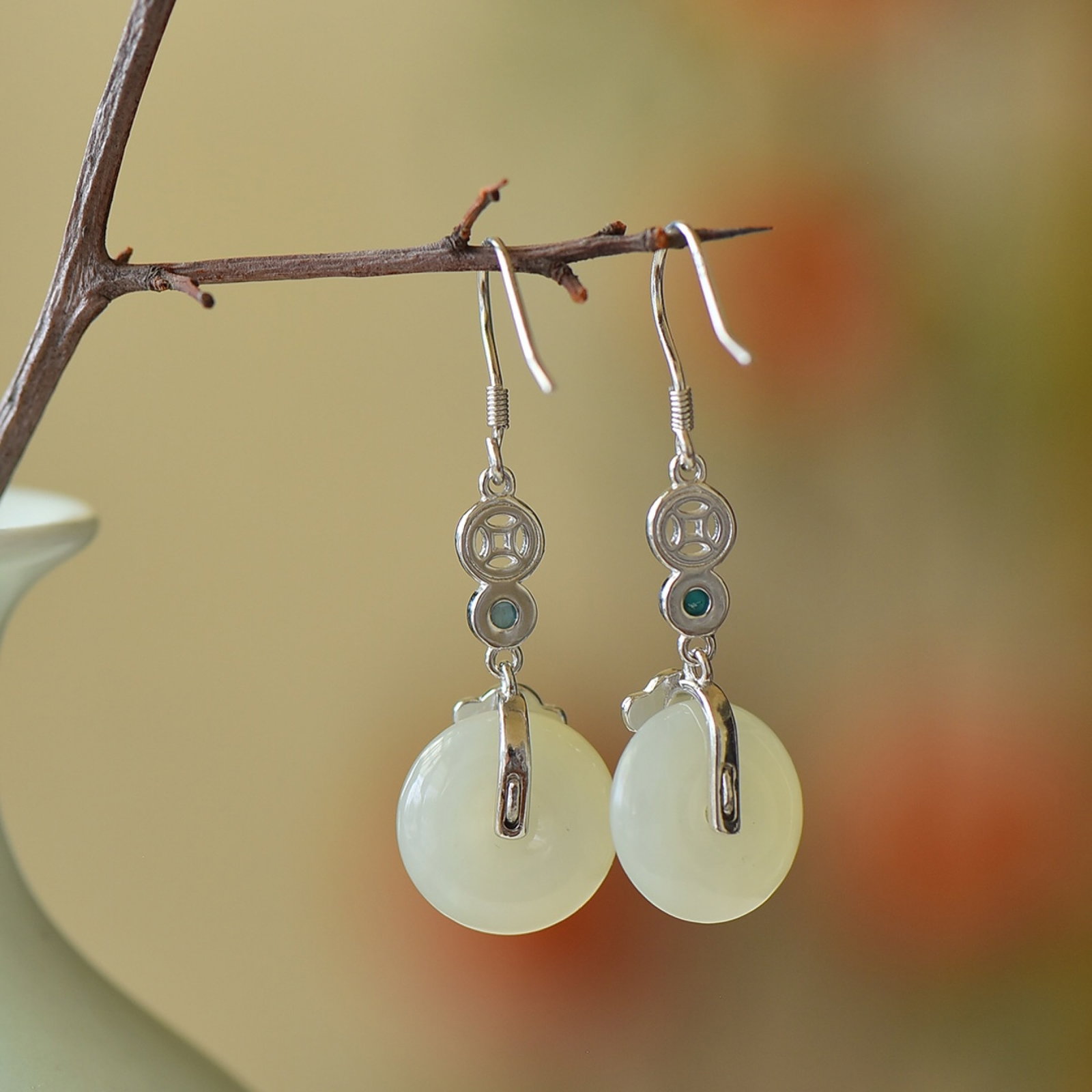 A Pair of Exquisite Sterling Silver Inlaid White Jade Earrings,Inlaid Turquoises - 5
