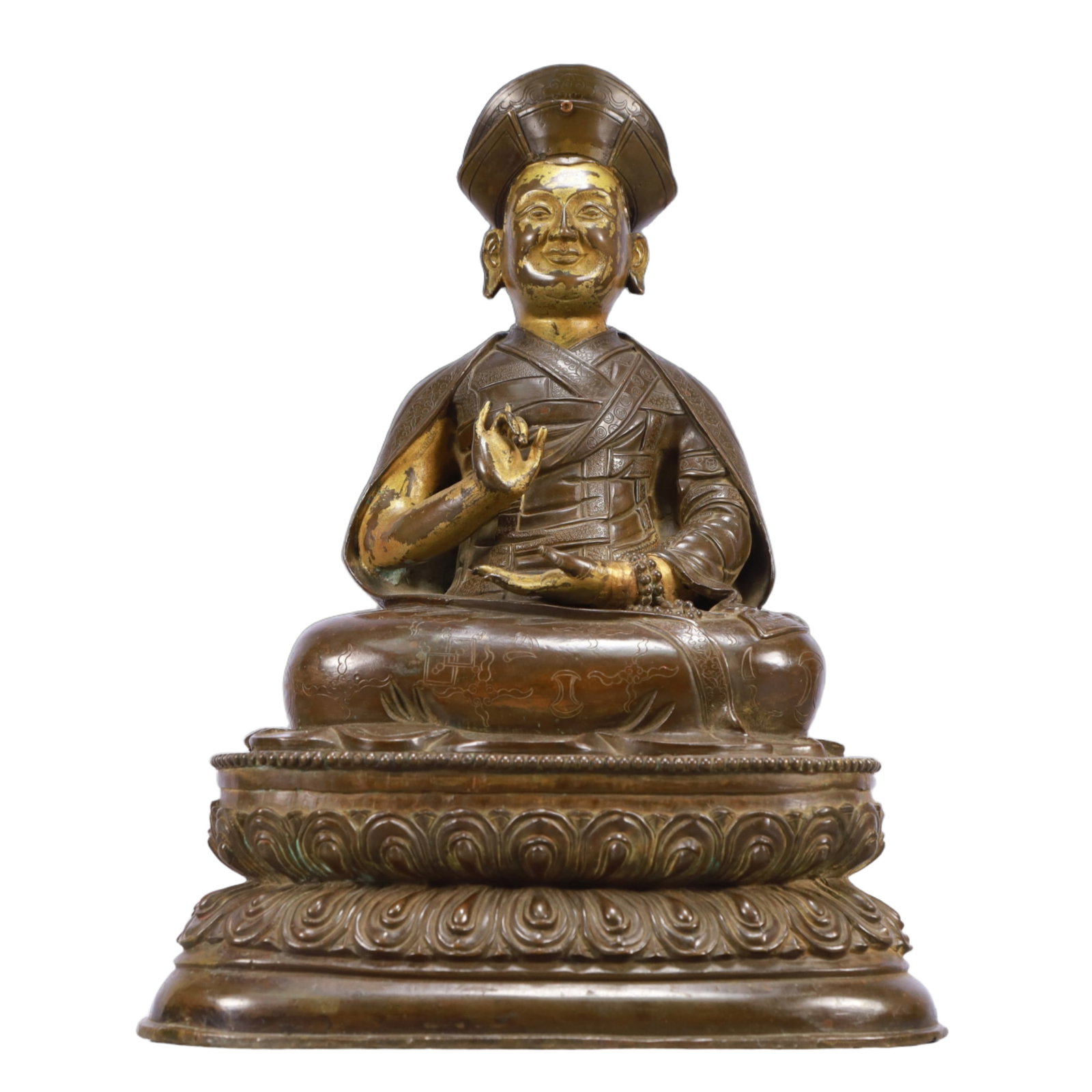 A Solemn Gilt Bronze Statue of Guru,With Inscription: Estimated Value:9200-18400 A Solemn Gilt Bronze Statue of Guru,With Inscription,Ming Dynasty, China,Size:9.8inx6.3inx14.2in,Weight:6350g