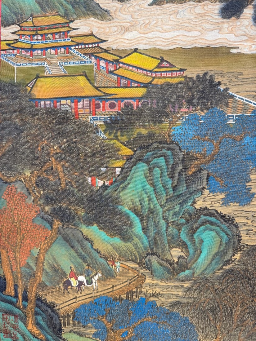 A Chinese Vertical Scroll Ink Painting of Landscape and Figure on Silk,Wen Zhengming - 9