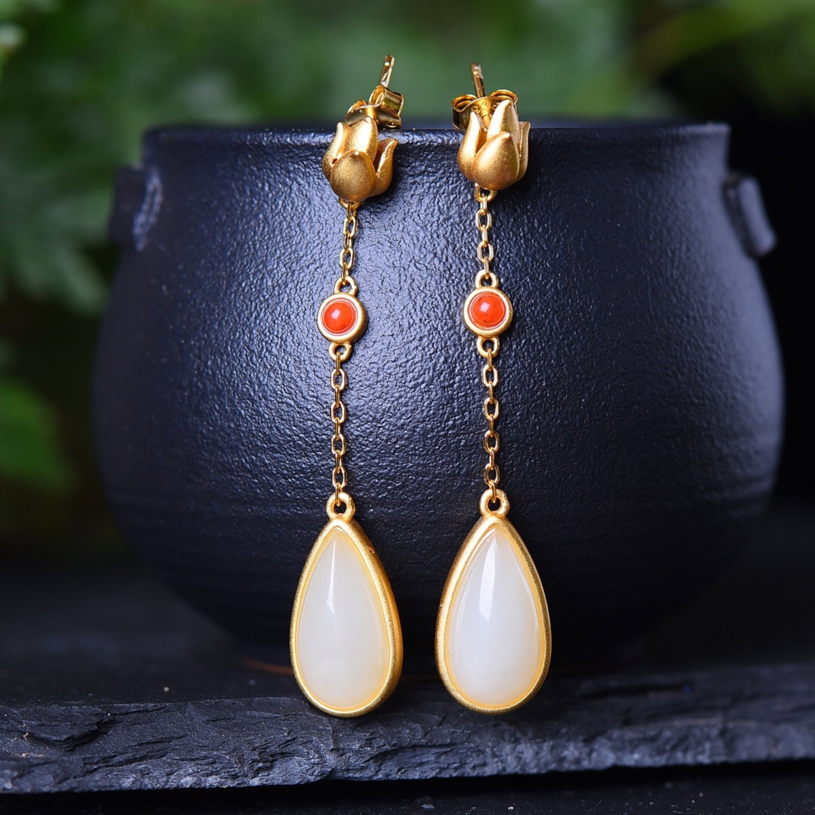 A Pair of Exquisite Sterling Silver-Gold Plated Inlaid White Jade Earrings - 2