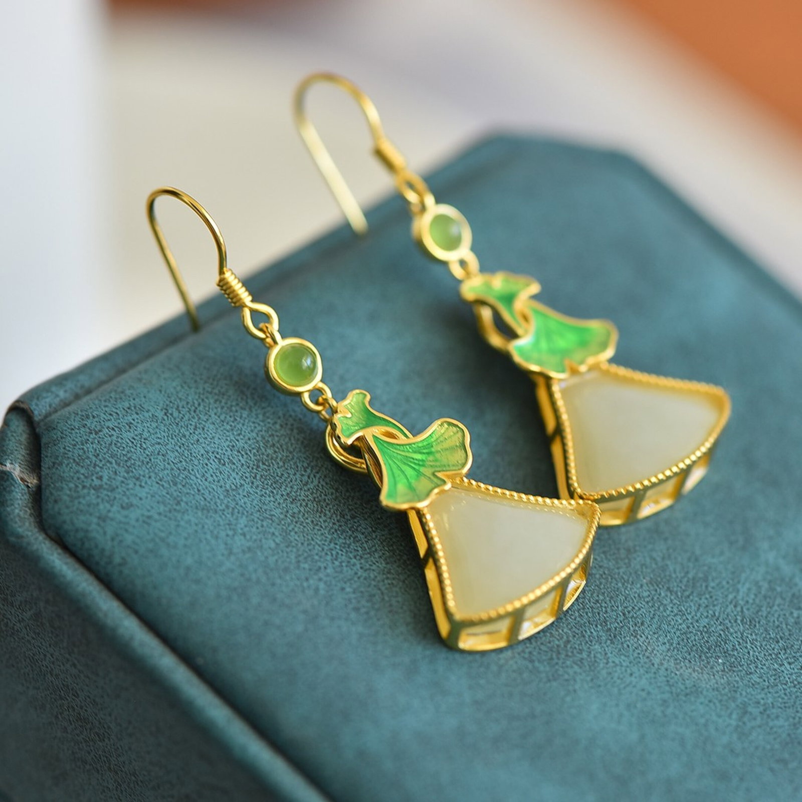 A Pair of Exquisite Sterling Silver-Gold Plated Inlaid White Jade Earrings,Inlaid Jaspers - 2