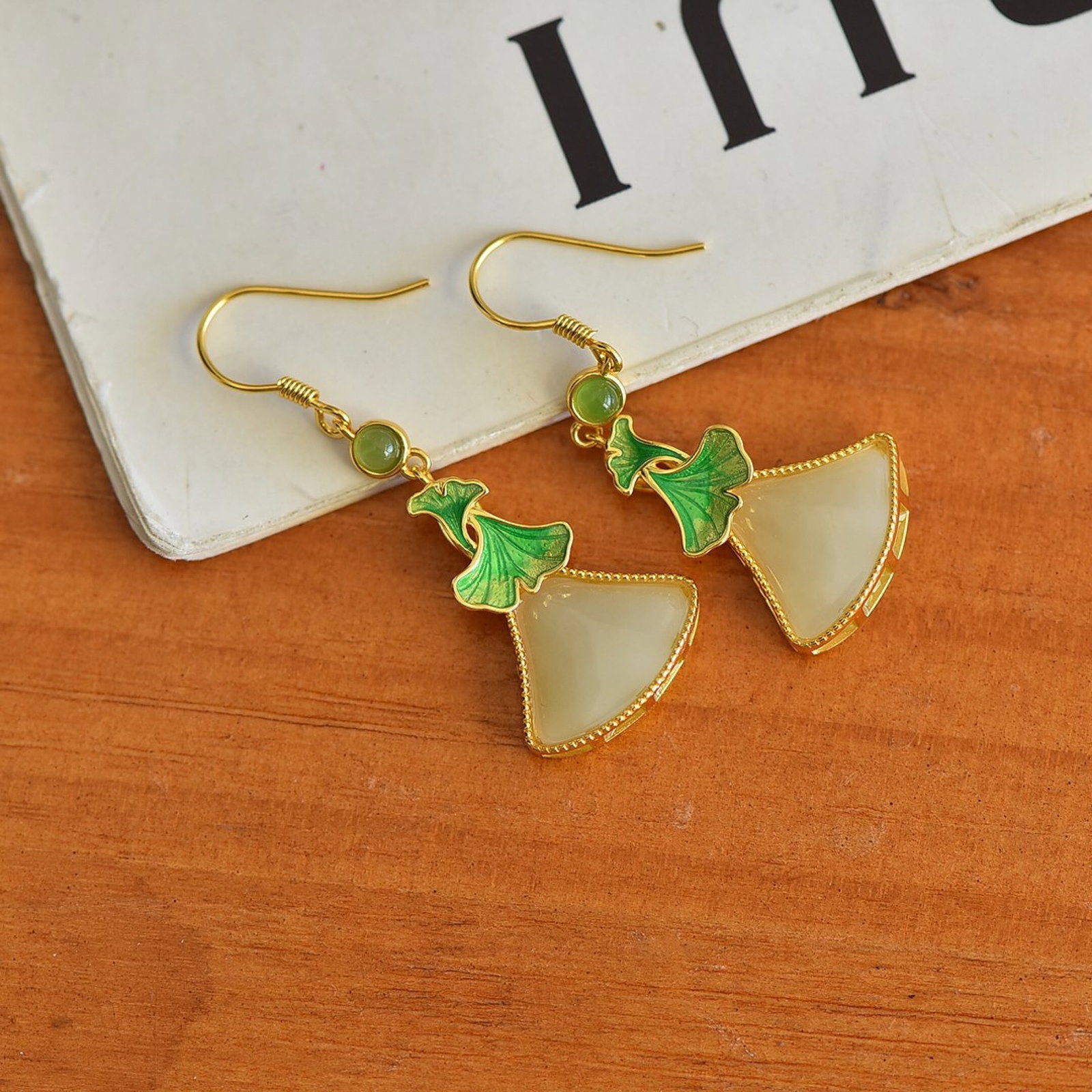 A Pair of Exquisite Sterling Silver-Gold Plated Inlaid White Jade Earrings,Inlaid Jaspers - 3