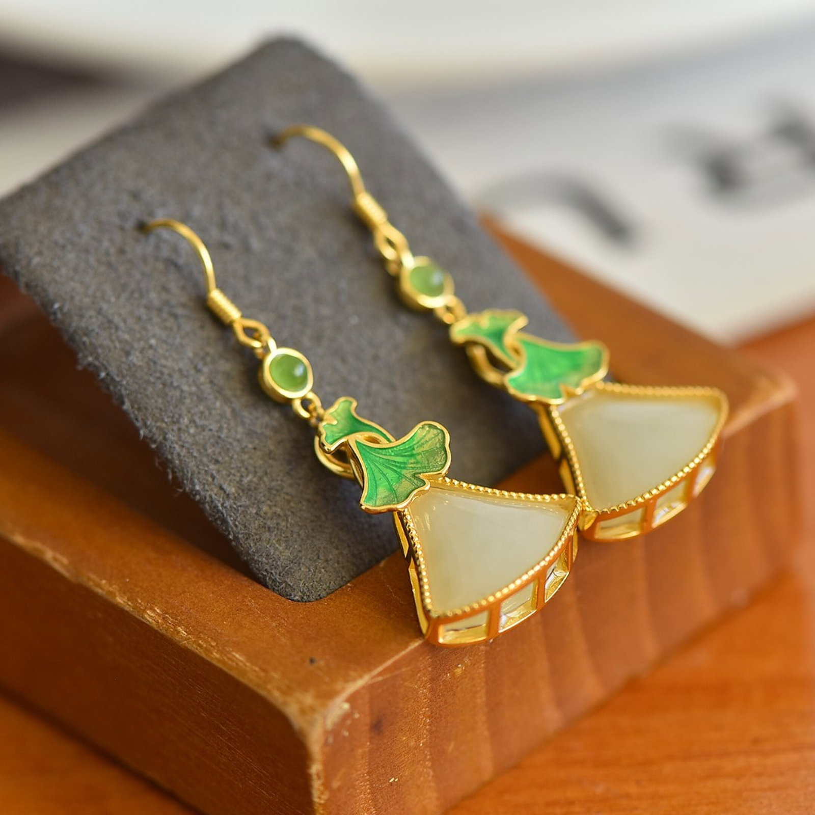 A Pair of Exquisite Sterling Silver-Gold Plated Inlaid White Jade Earrings,Inlaid Jaspers - 4