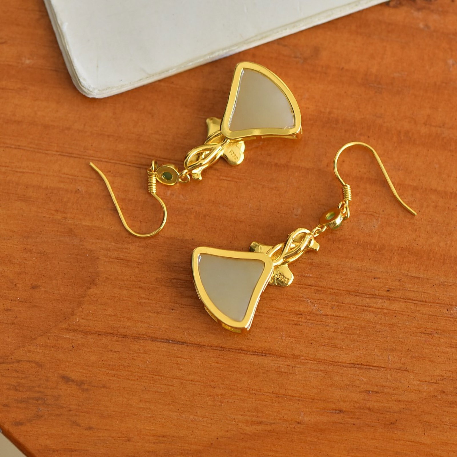 A Pair of Exquisite Sterling Silver-Gold Plated Inlaid White Jade Earrings,Inlaid Jaspers - 5