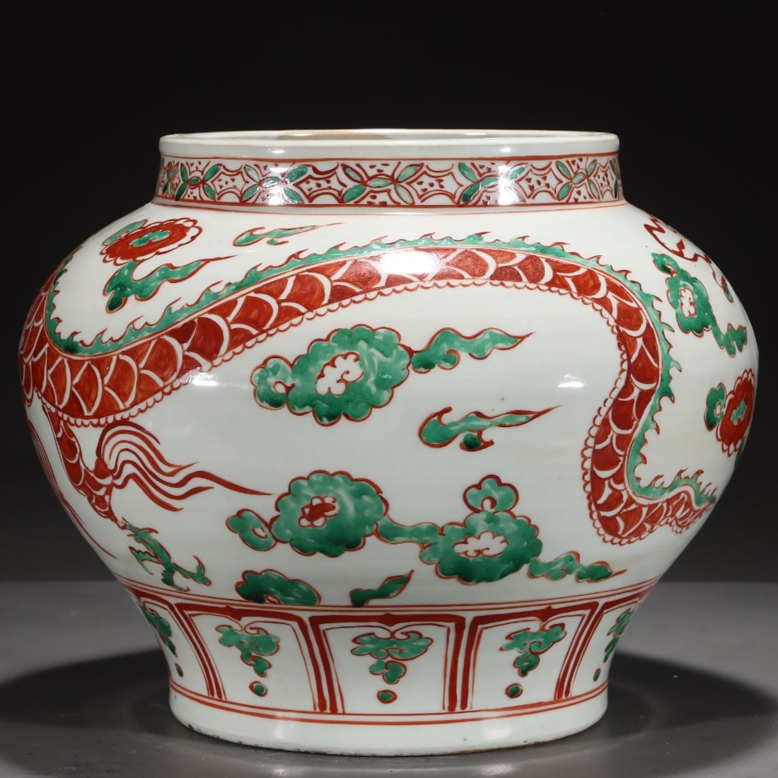 A Rare Red Green Color Auspicious Cloud and Dragon Pattern Jar - 2