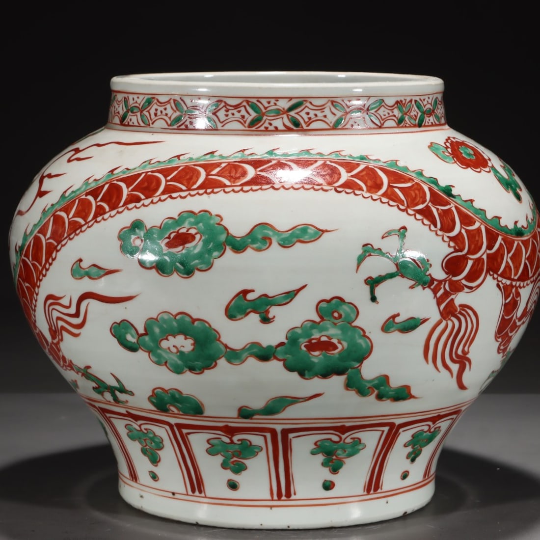 A Rare Red Green Color Auspicious Cloud and Dragon Pattern Jar - 3