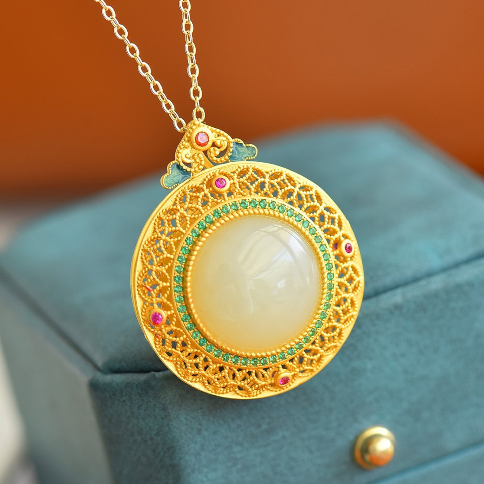 An Exquisite Sterling Silver-Gold Plated Inlaid White Jade Pendant - 2
