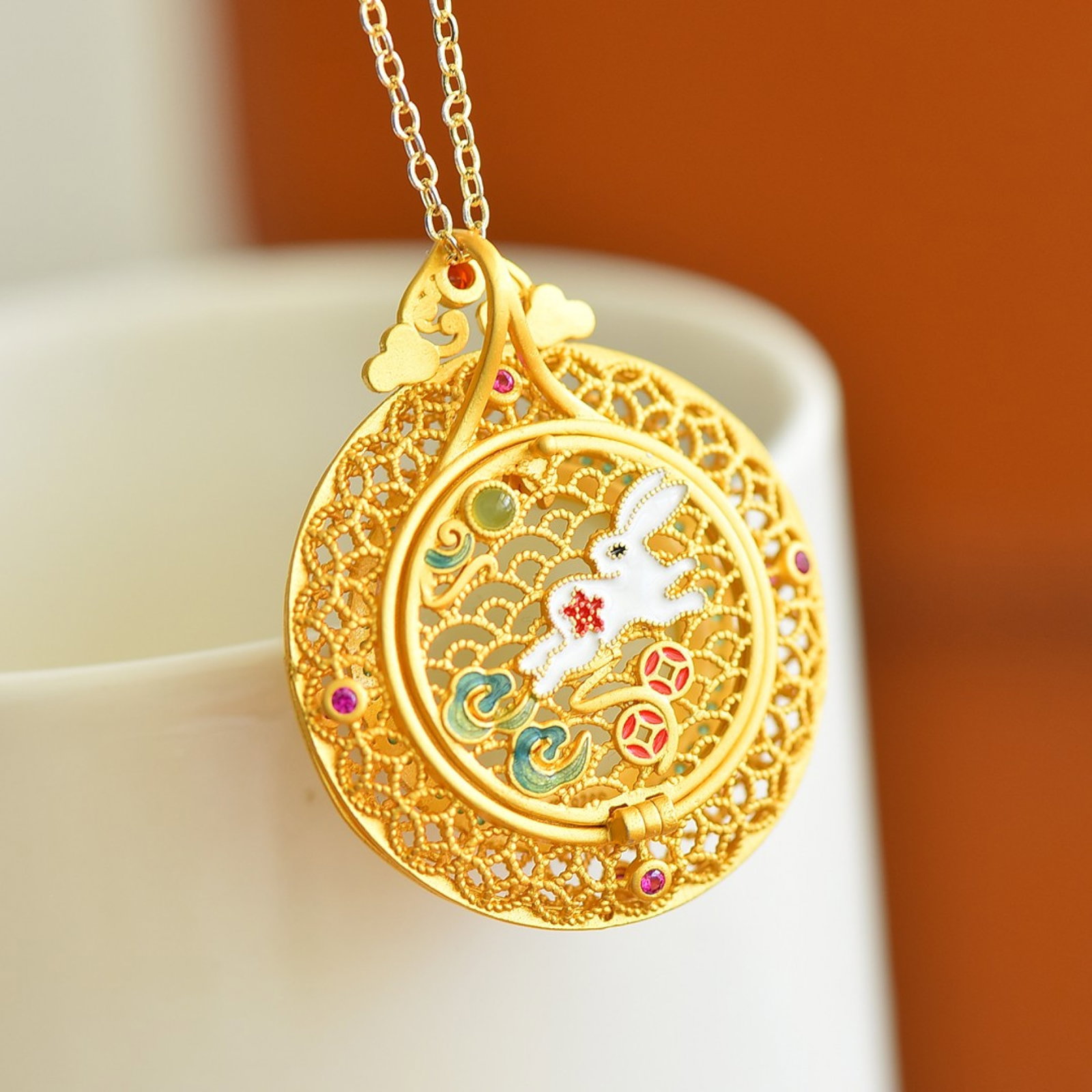 An Exquisite Sterling Silver-Gold Plated Inlaid White Jade Pendant - 4