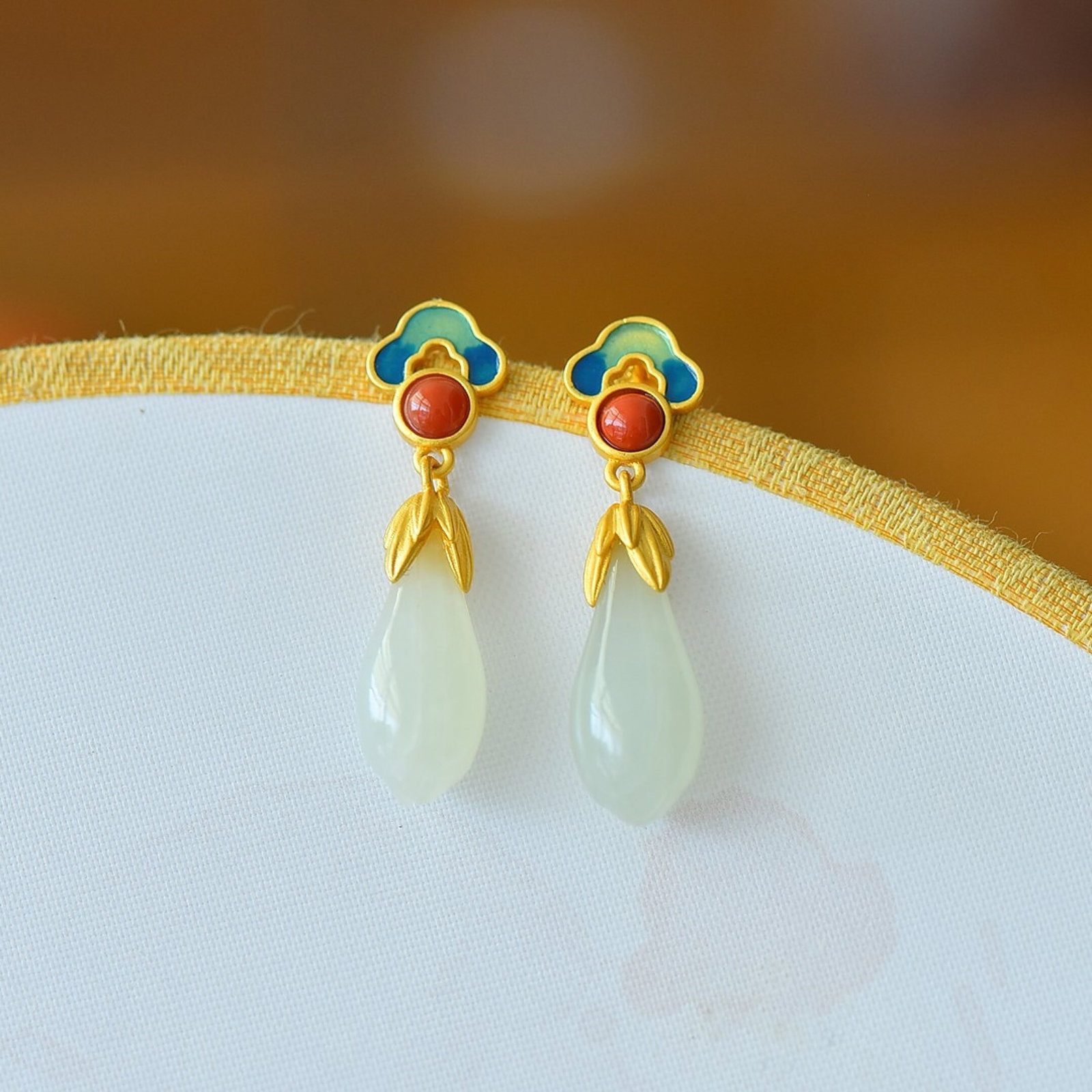 A Pair of Exquisite Sterling Silver-Gold Plated Inlaid White Jade Enamel Earrings - 2