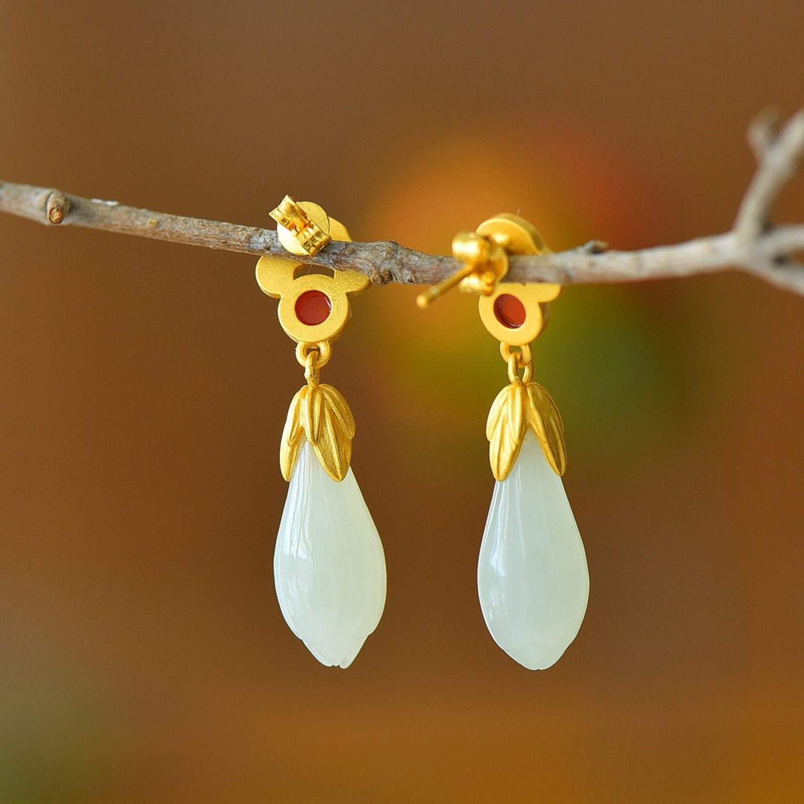 A Pair of Exquisite Sterling Silver-Gold Plated Inlaid White Jade Enamel Earrings - 5