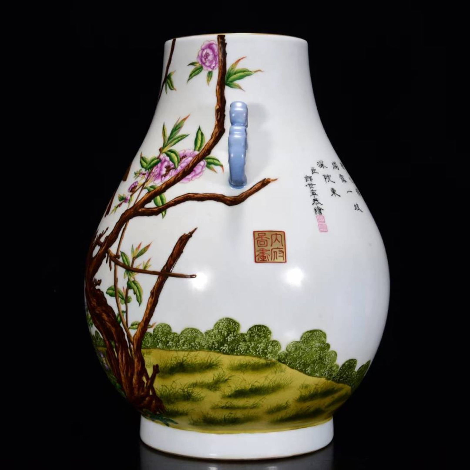 A Huge Enamel Painted Gold Flower and Bird Pattern Double-Ears Vase,With Poem - 2