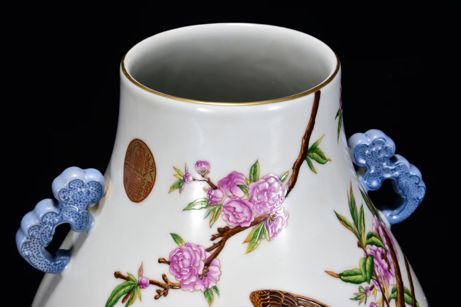 A Huge Enamel Painted Gold Flower and Bird Pattern Double-Ears Vase,With Poem - 4